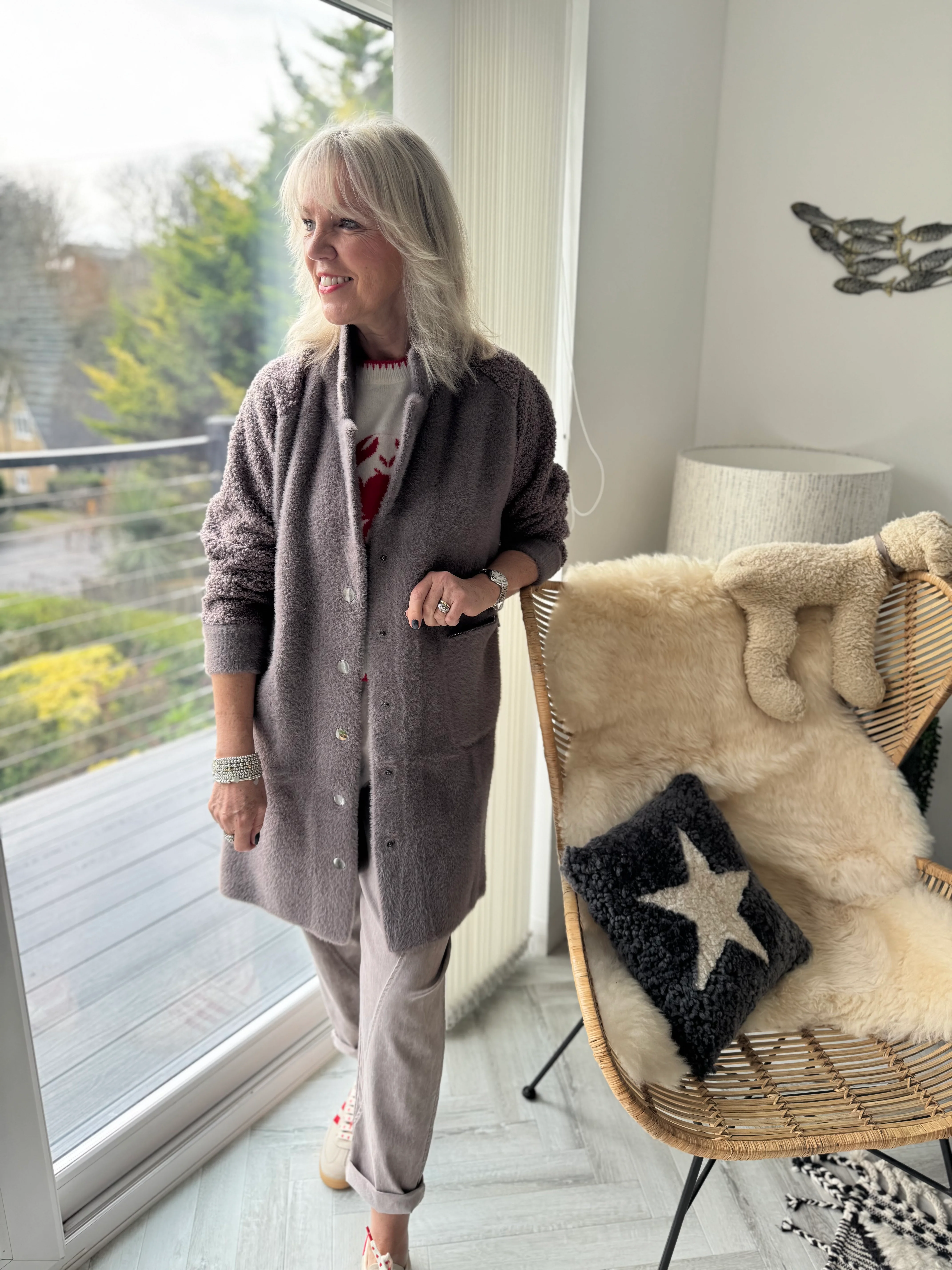 Designer Boucle & Plush Jacket in Mink Grey - Image 8