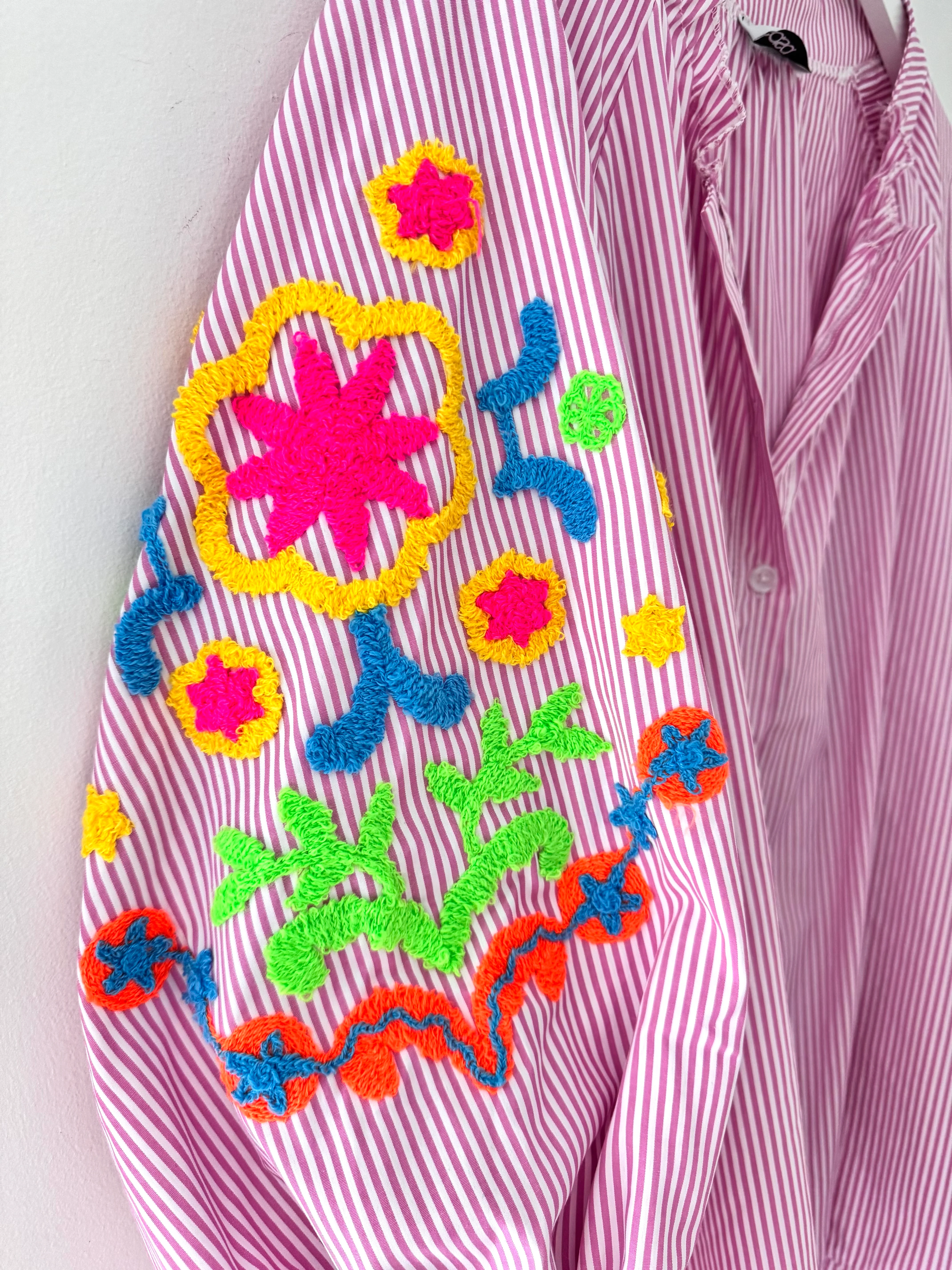 Designer Stripe Shirt with Neon Embroidered Sleeves in Pink - Image 10