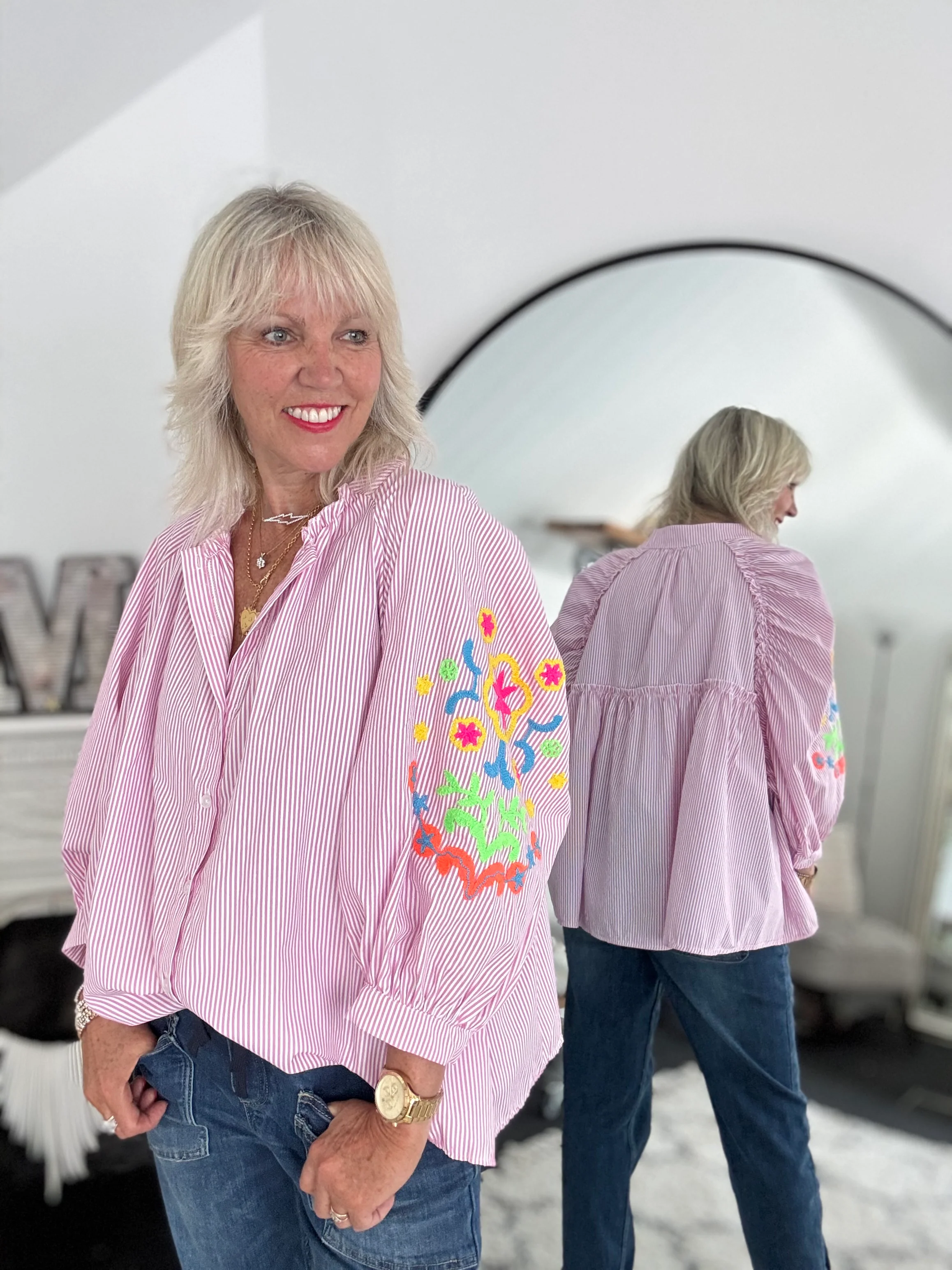 Designer Stripe Shirt with Neon Embroidered Sleeves in Pink - Image 4