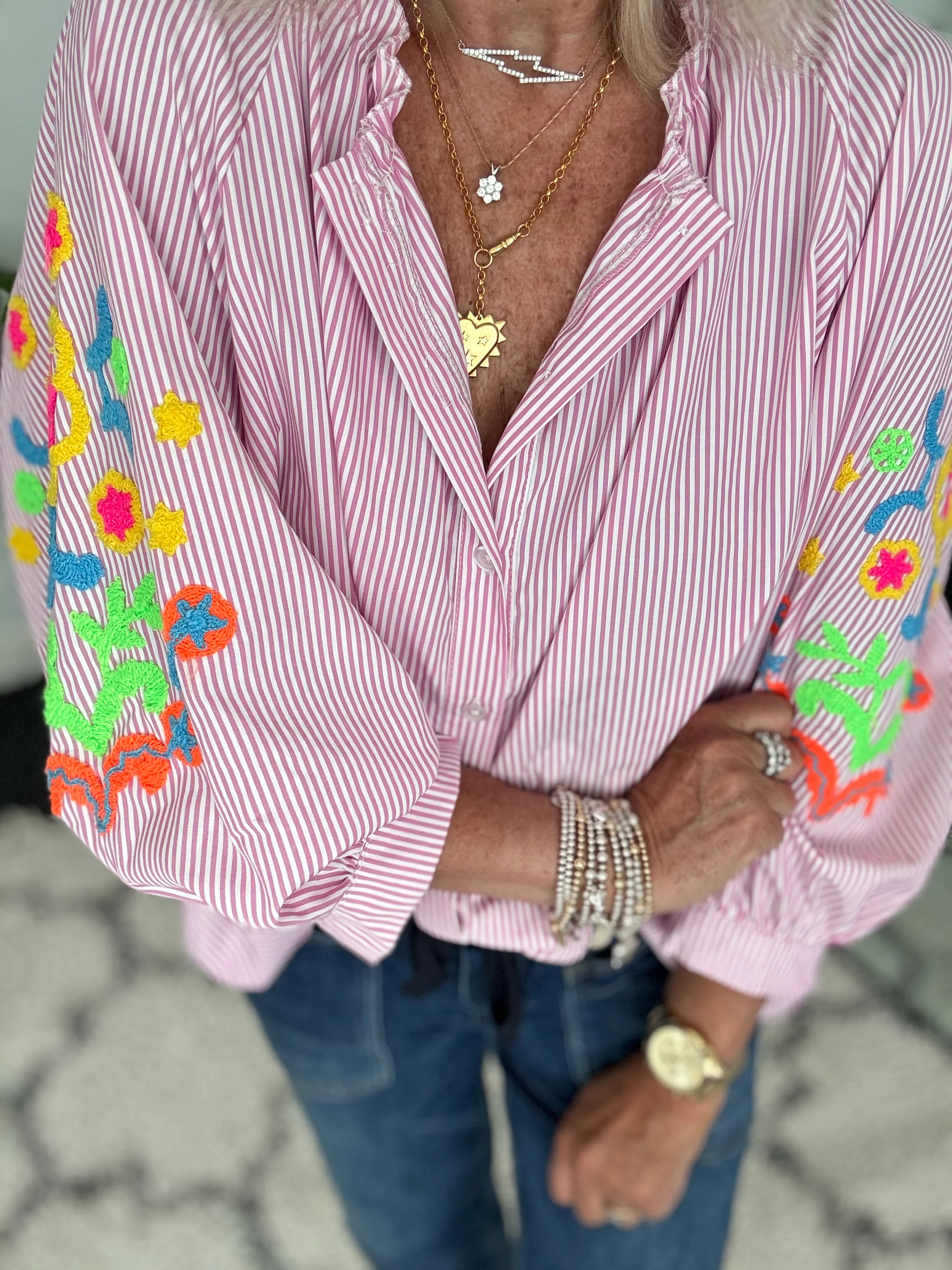 Designer Stripe Shirt with Neon Embroidered Sleeves in Pink - Image 5