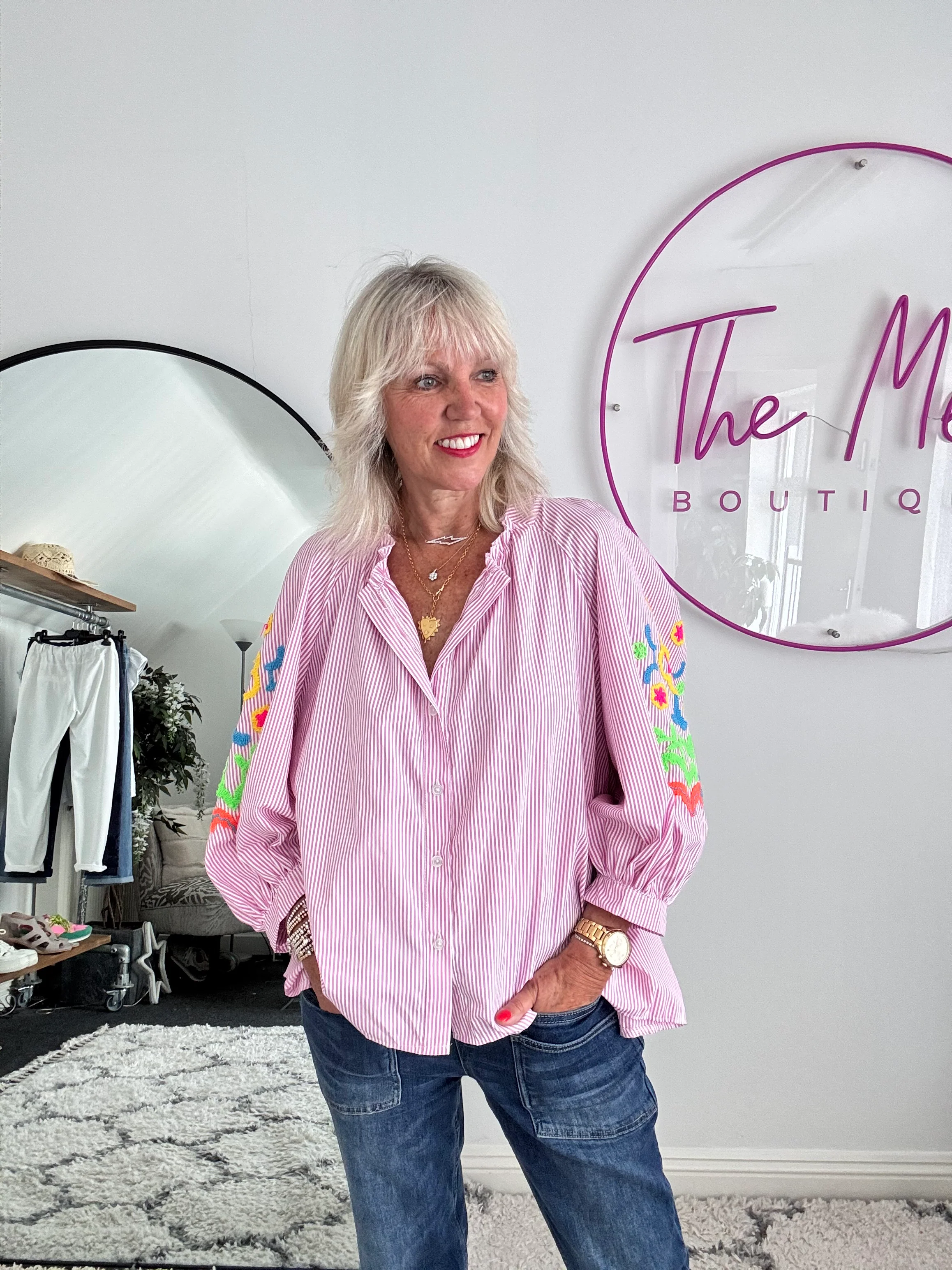 Designer Stripe Shirt with Neon Embroidered Sleeves in Pink - Image 6