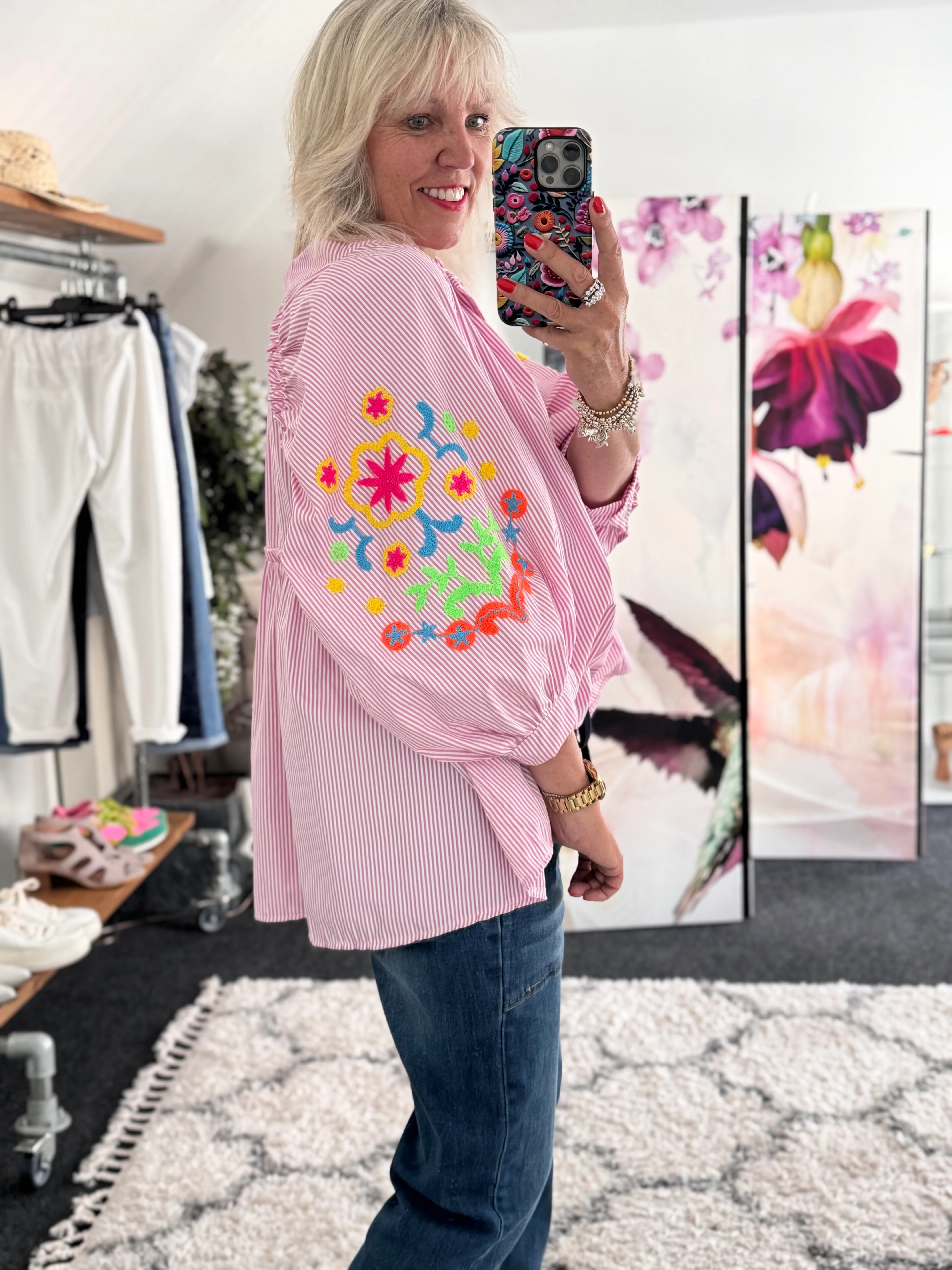 Designer Stripe Shirt with Neon Embroidered Sleeves in Pink - Image 7