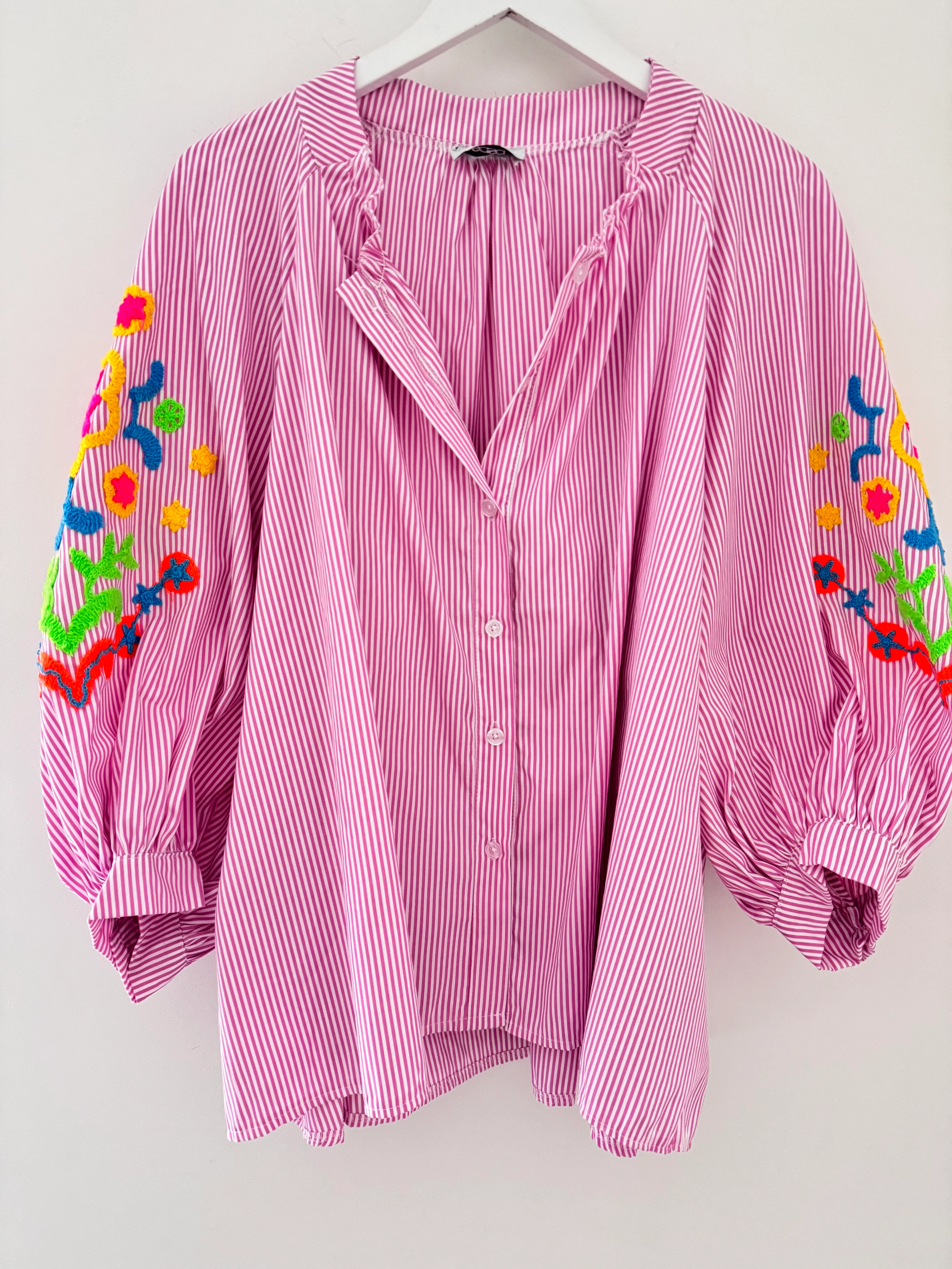 Designer Stripe Shirt with Neon Embroidered Sleeves in Pink - Image 9