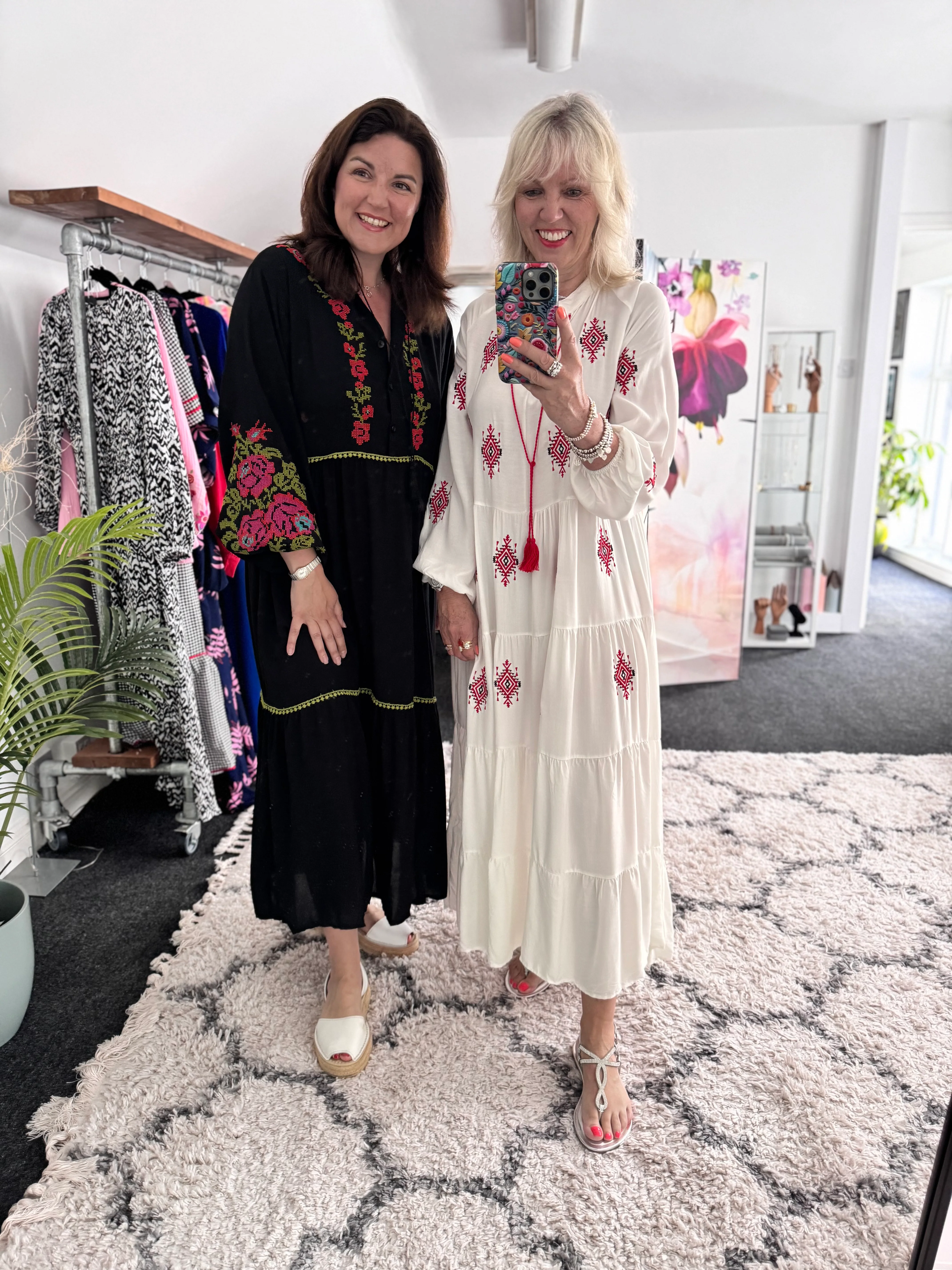 Embroidered Buttoned Midi Dress in Black - Image 4
