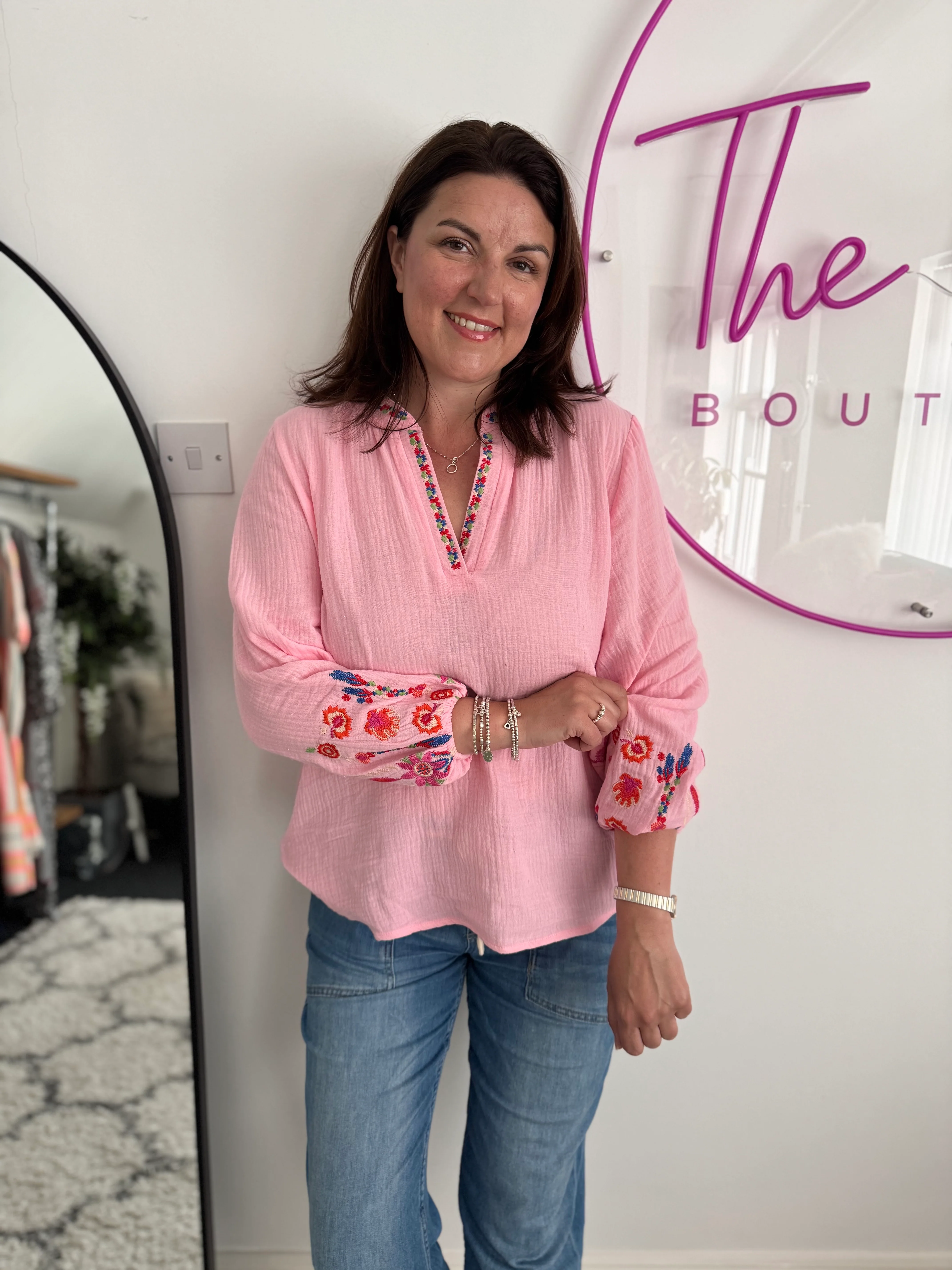 Embroidered Cheesecloth Blouse in Candy Pink