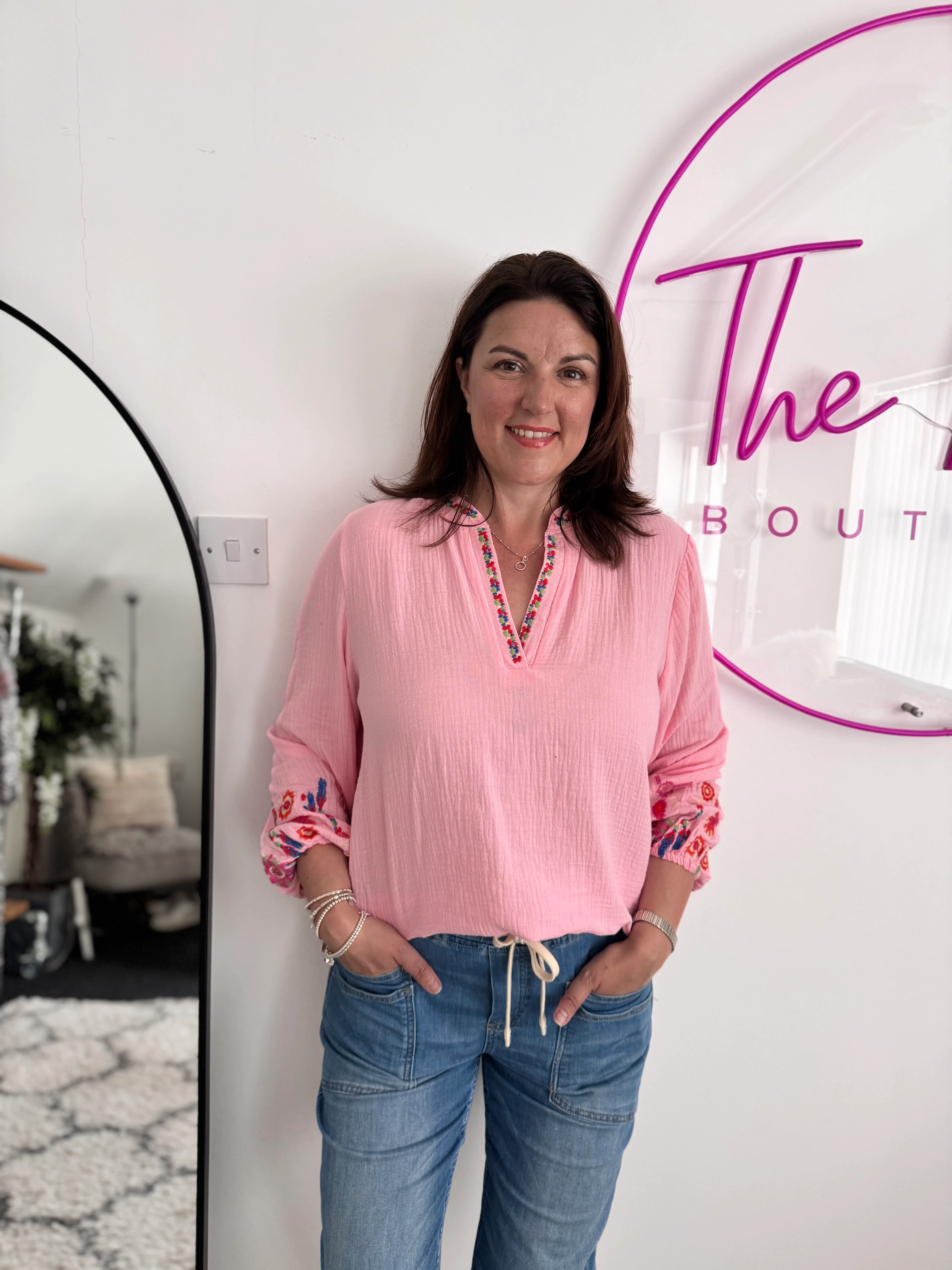 Embroidered Cheesecloth Blouse in Candy Pink - Image 3