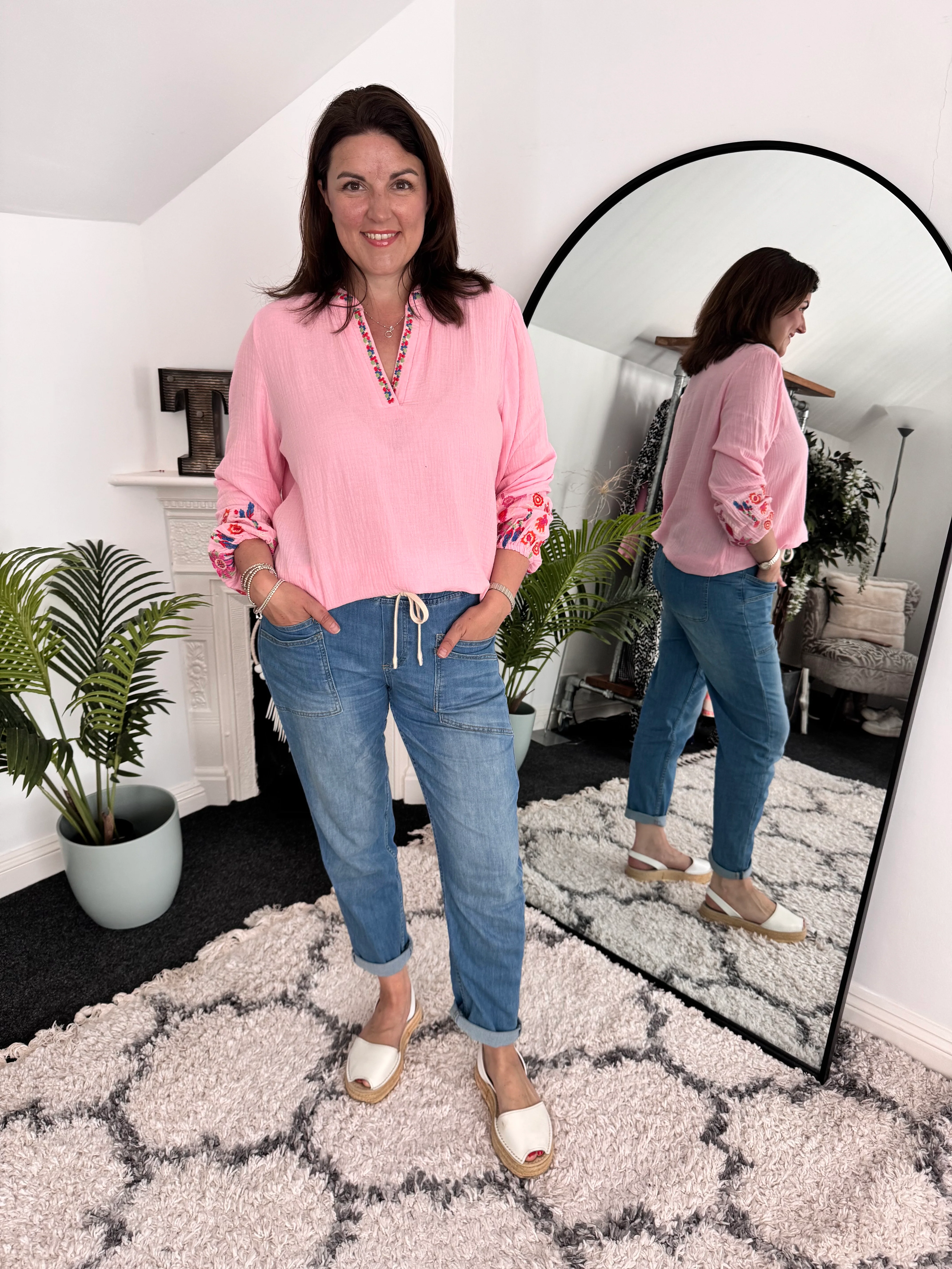 Embroidered Cheesecloth Blouse in Candy Pink - Image 4