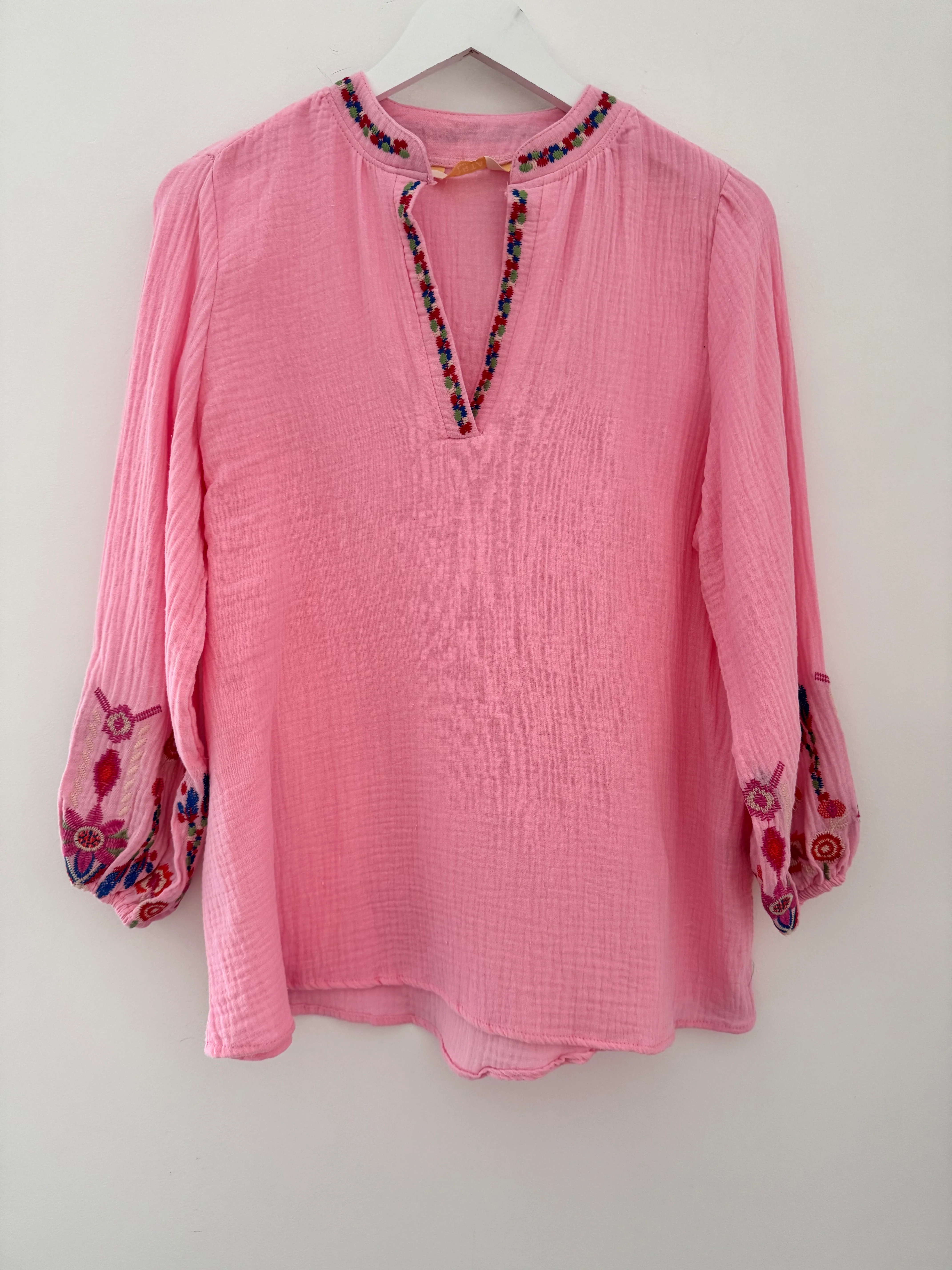 Embroidered Cheesecloth Blouse in Candy Pink - Image 5