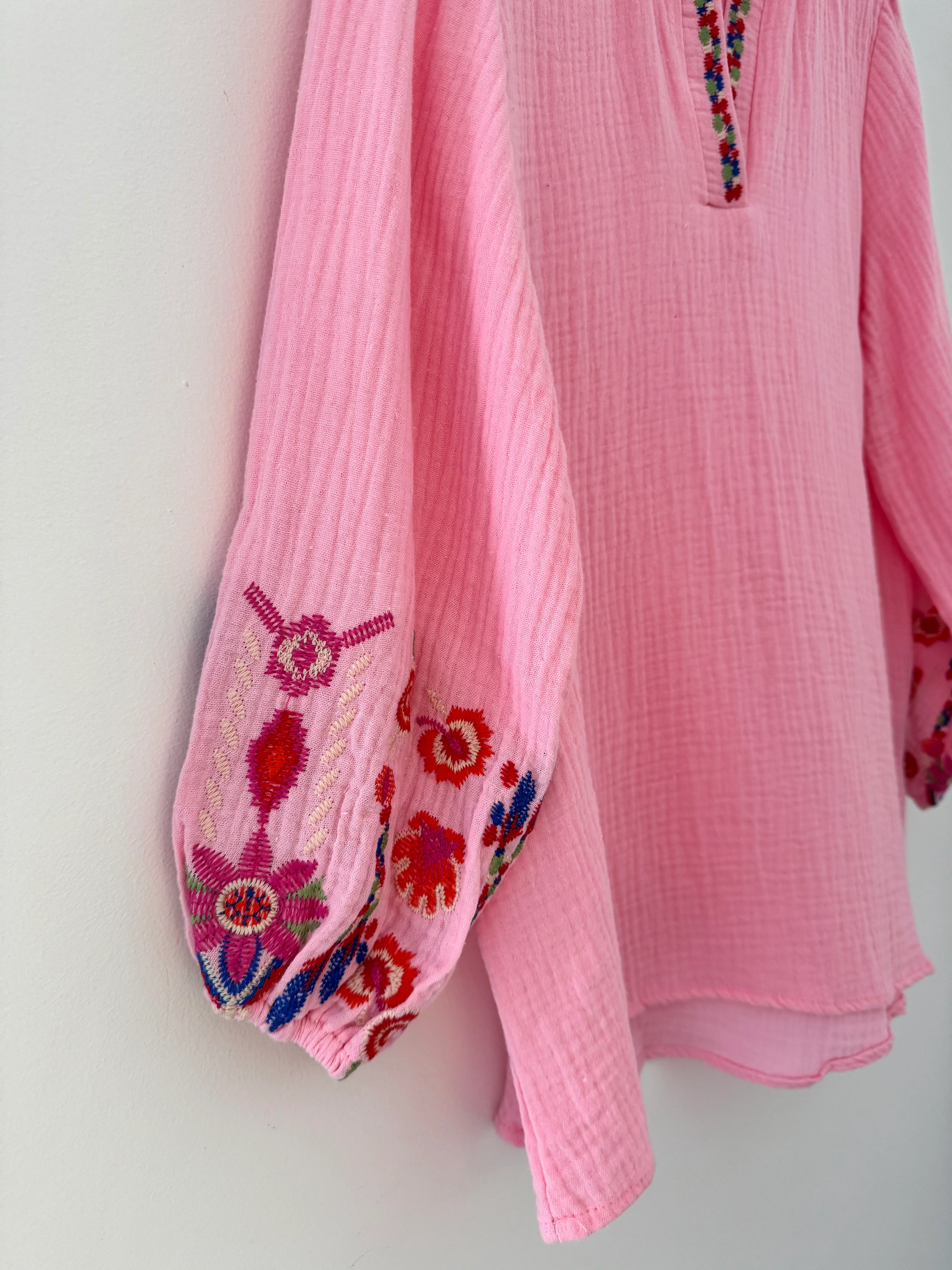 Embroidered Cheesecloth Blouse in Candy Pink - Image 6