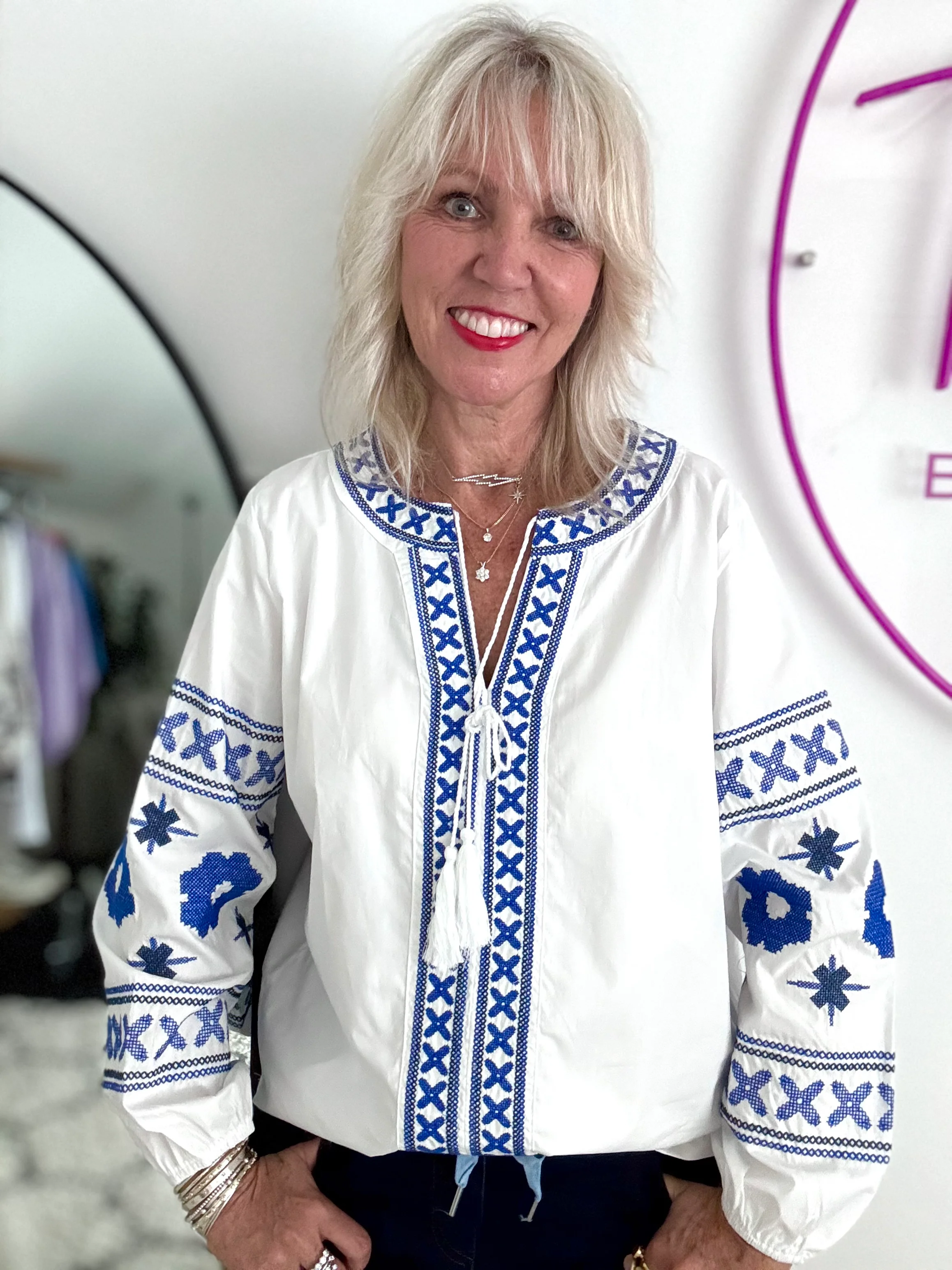 Embroidered Cotton Blouse in White & Blue