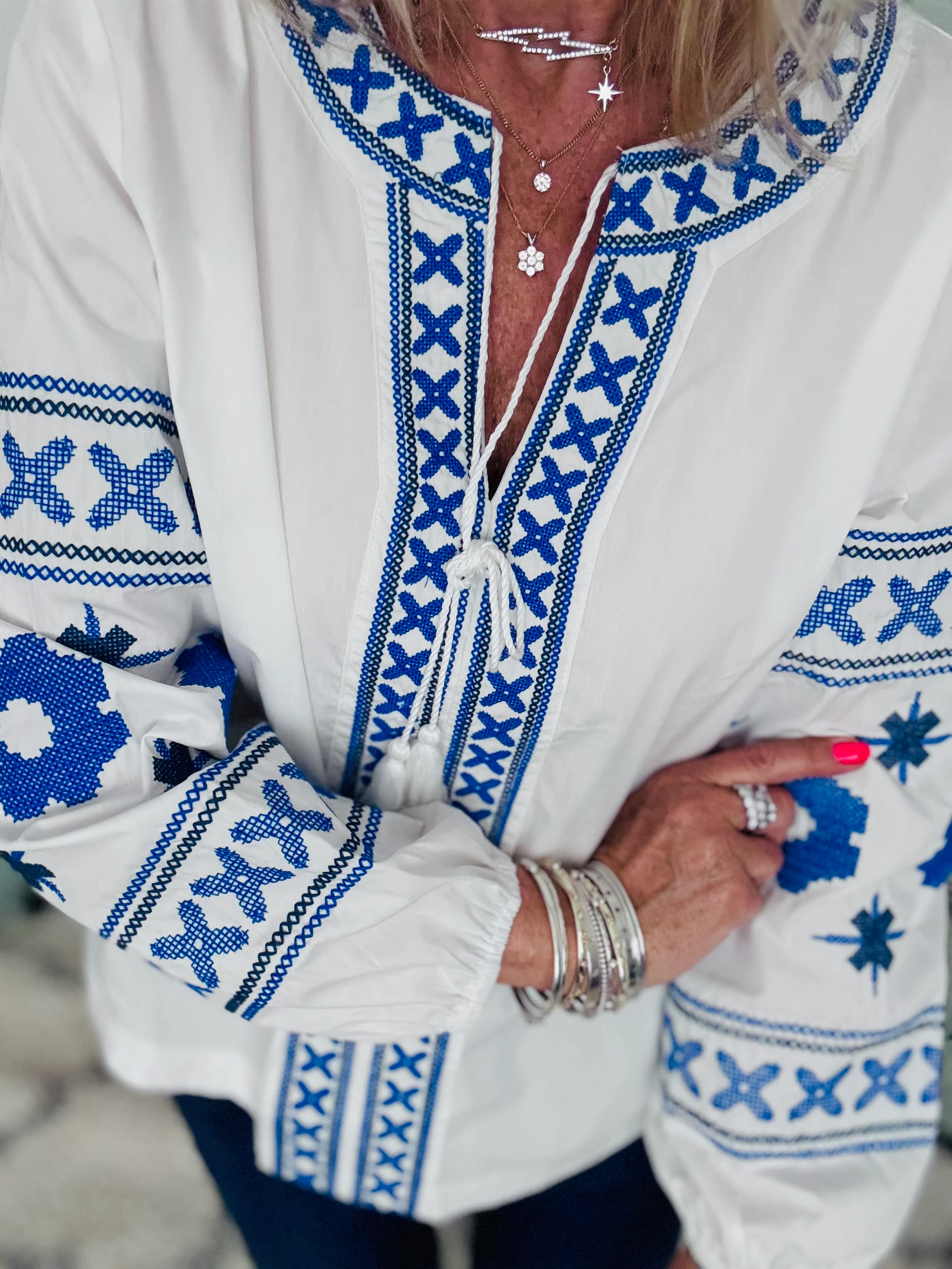 Embroidered Cotton Blouse in White & Blue - Image 2
