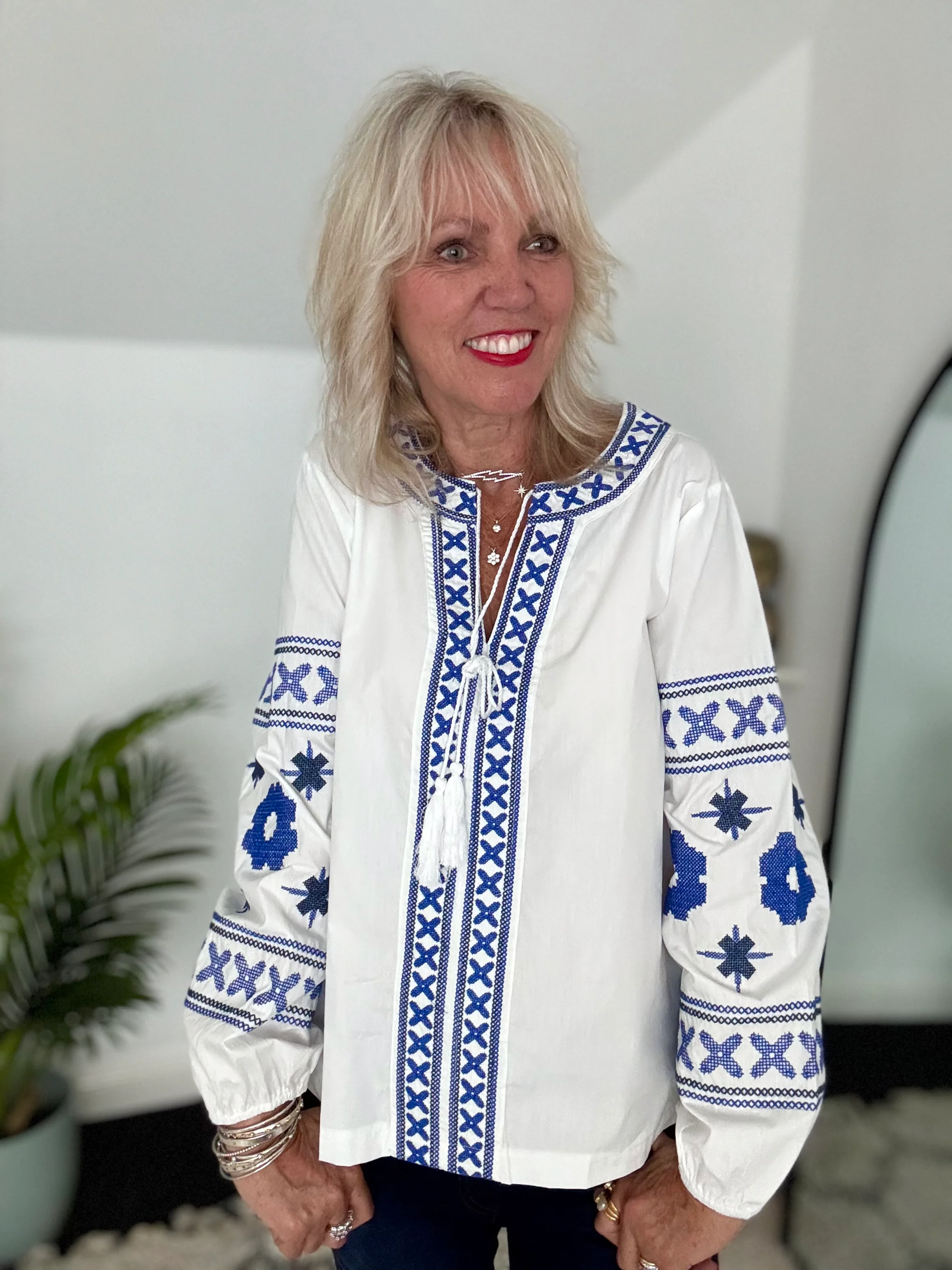 Embroidered Cotton Blouse in White & Blue - Image 3