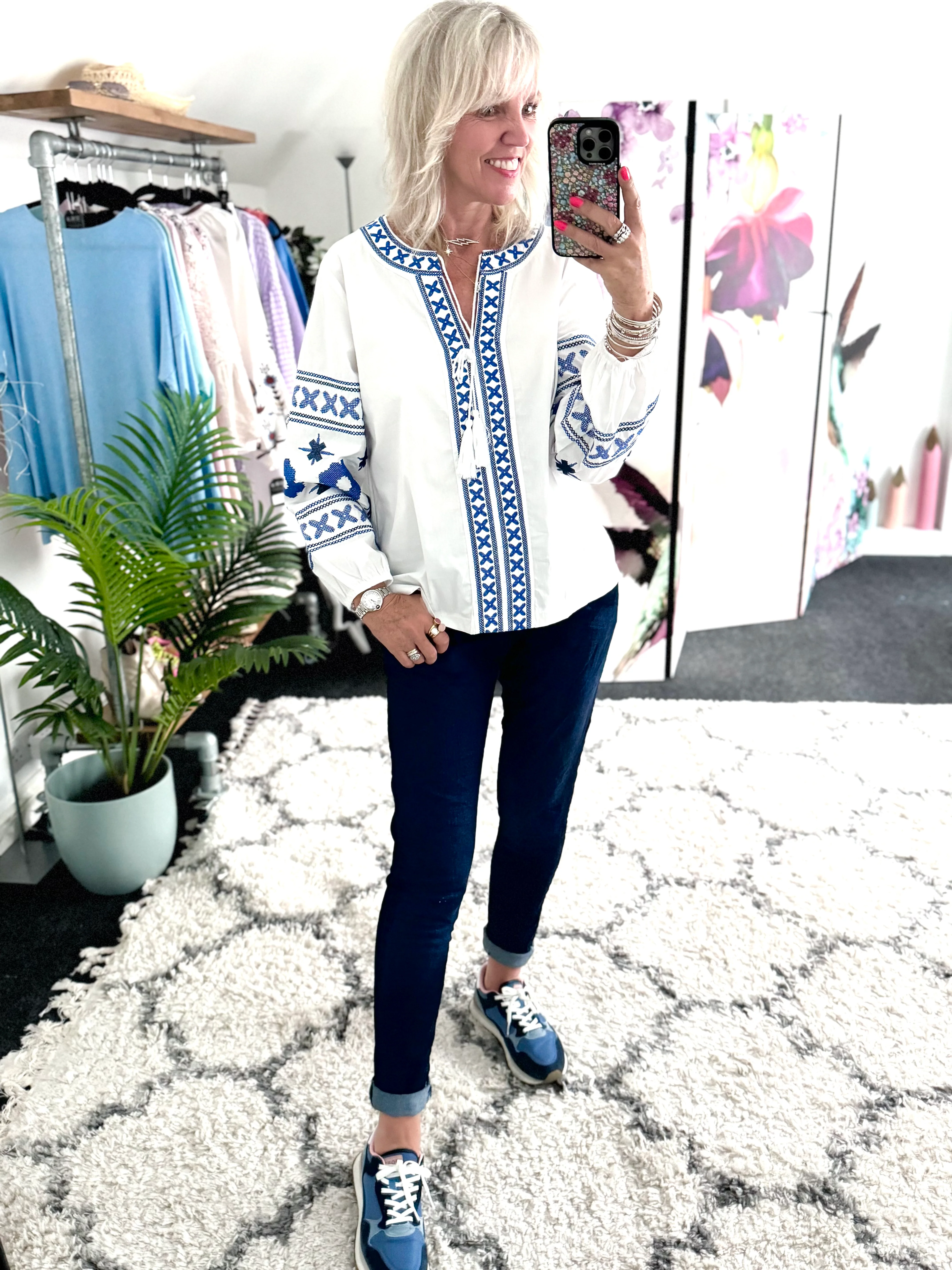 Embroidered Cotton Blouse in White & Blue - Image 4