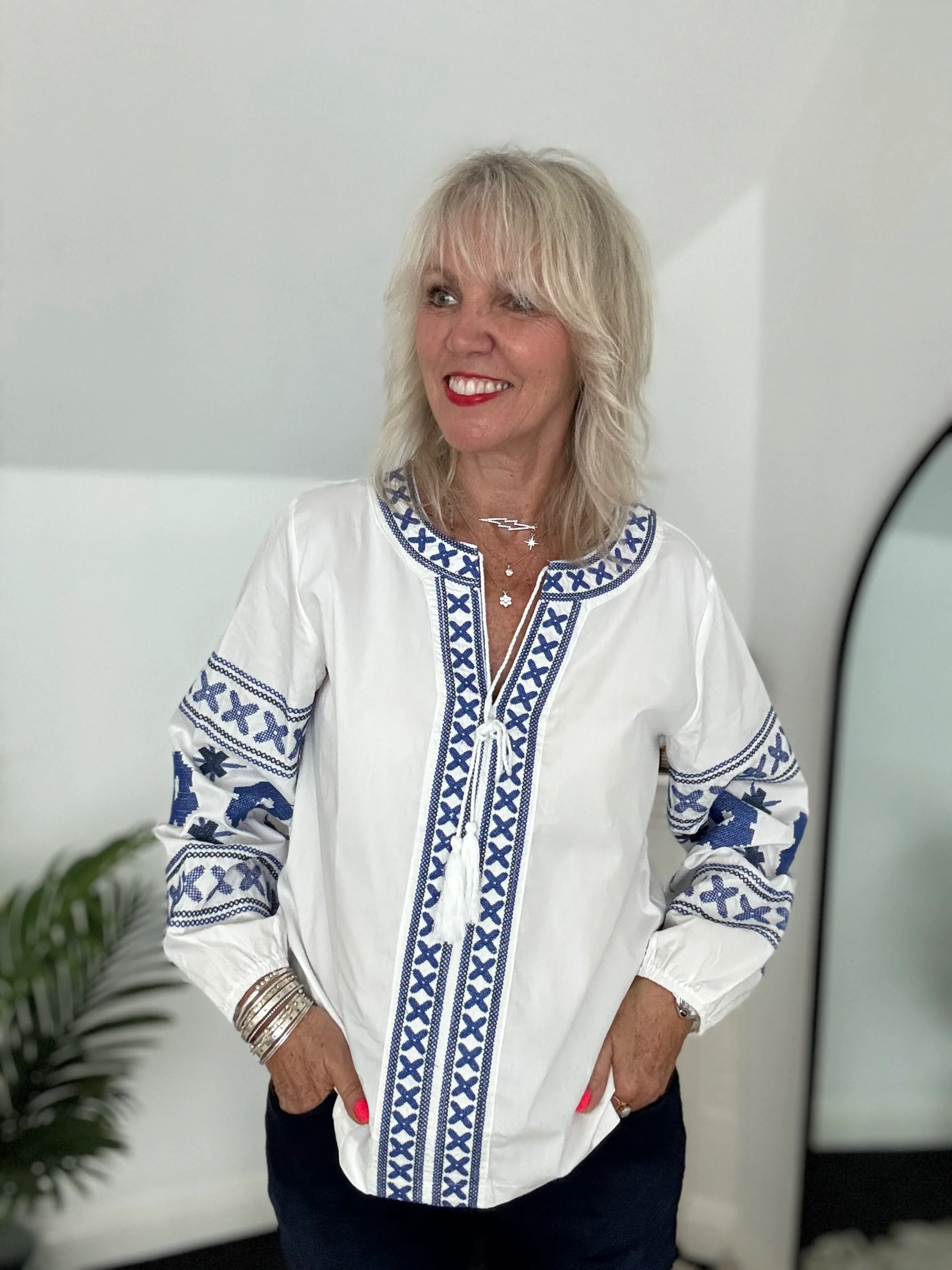Embroidered Cotton Blouse in White & Blue - Image 6