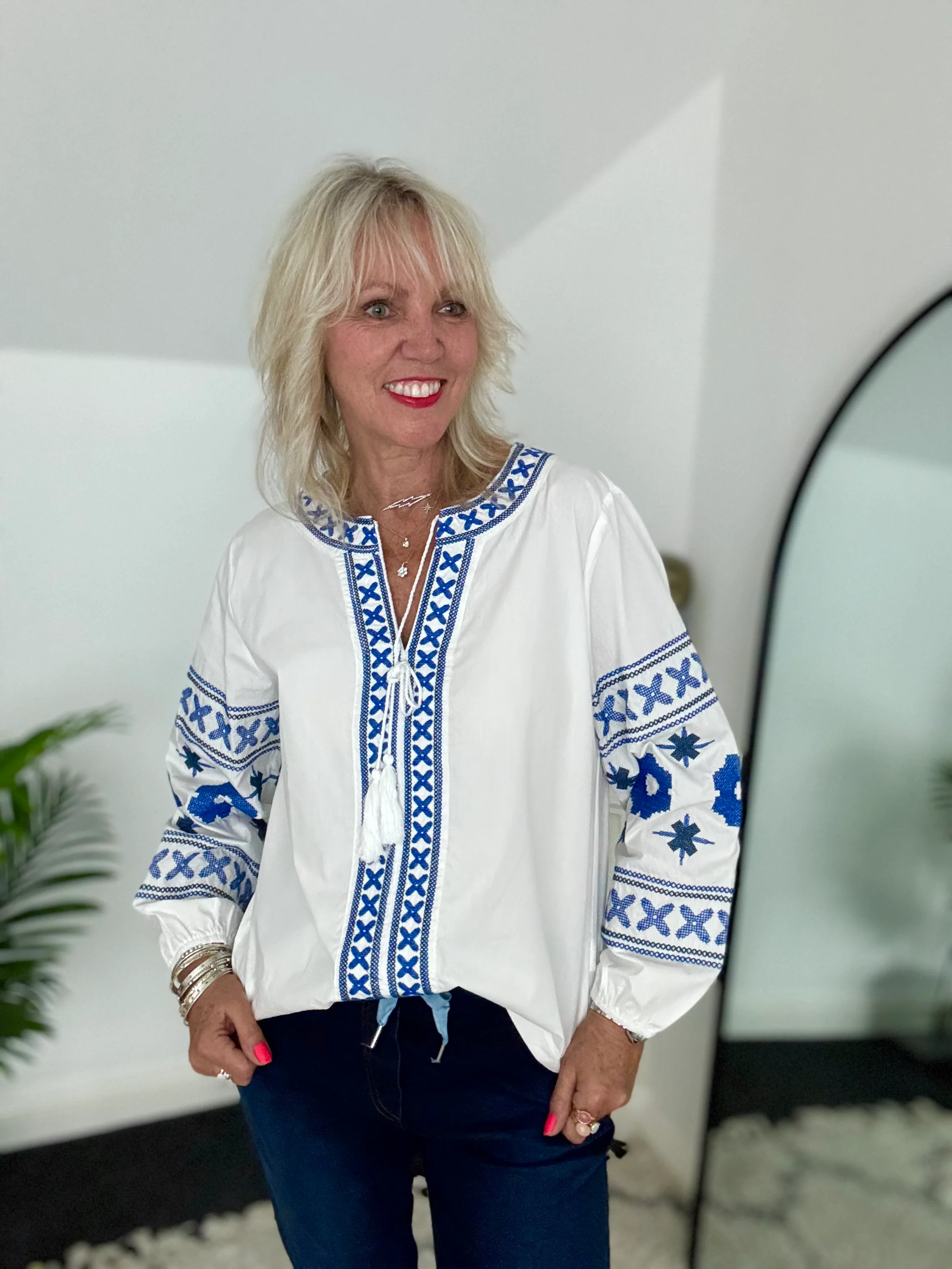 Embroidered Cotton Blouse in White & Blue - Image 7