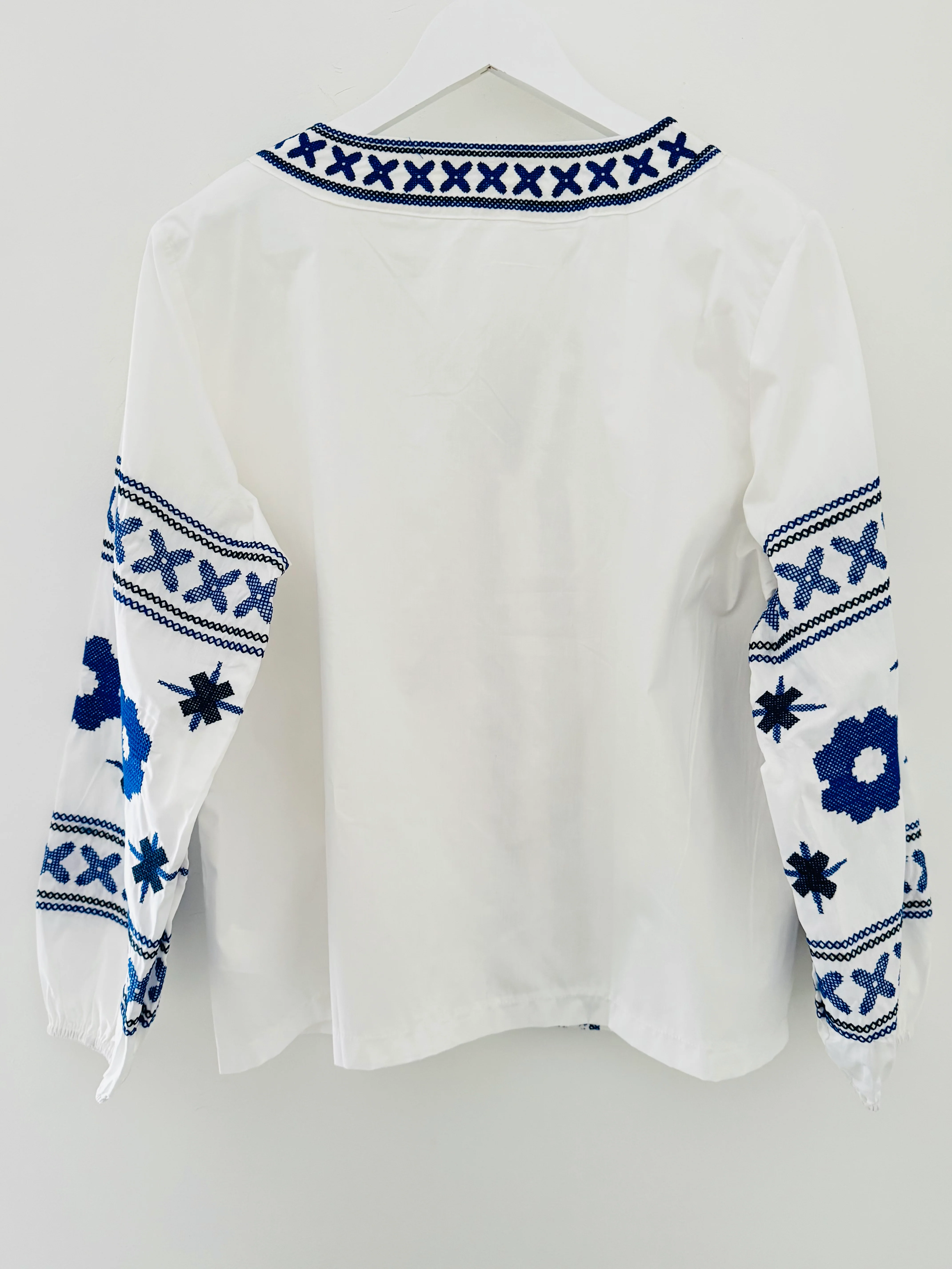 Embroidered Cotton Blouse in White & Blue - Image 8