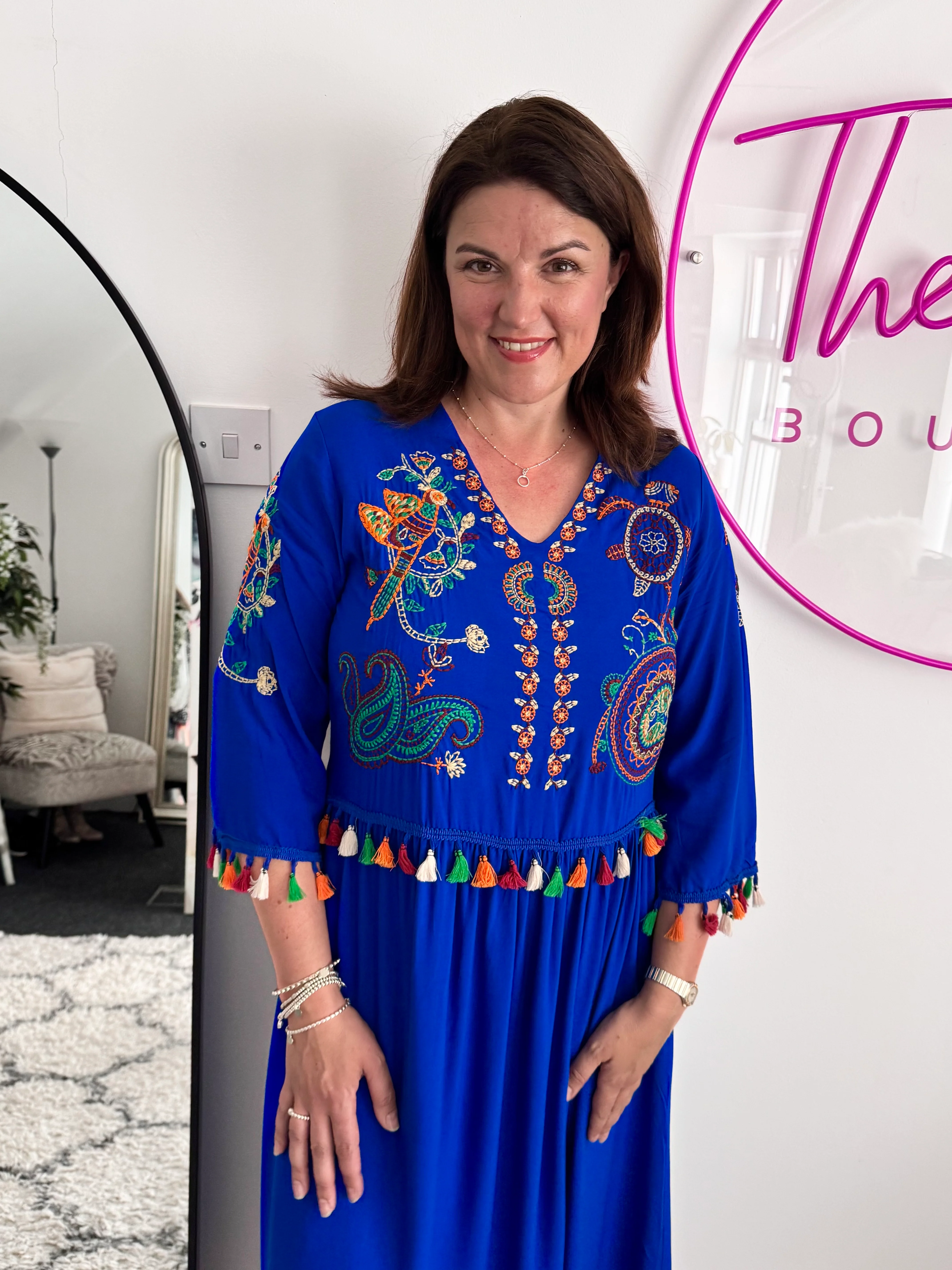 Embroidered Midi Dress in Blue - Image 3