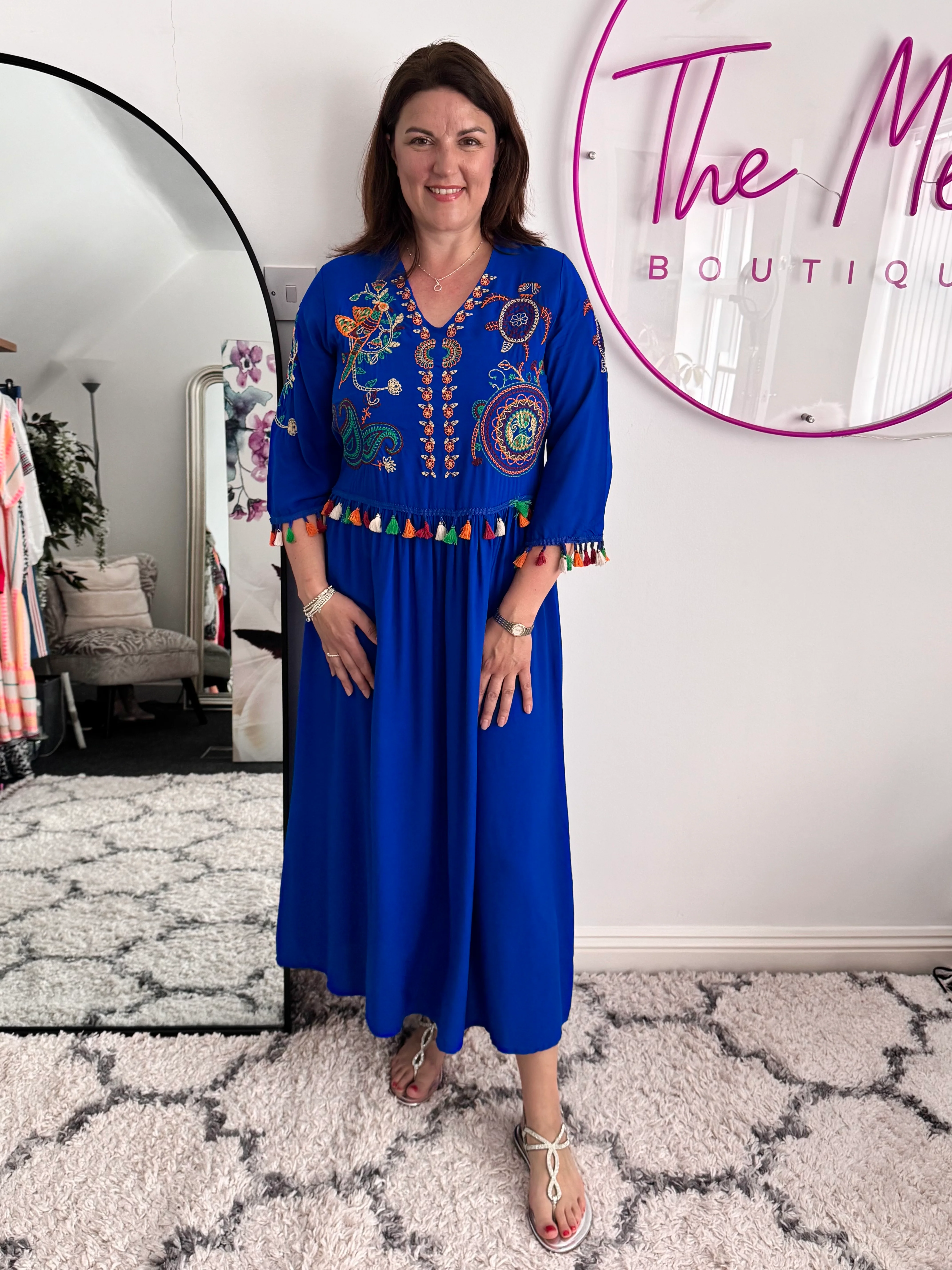 Embroidered Midi Dress in Blue - Image 5