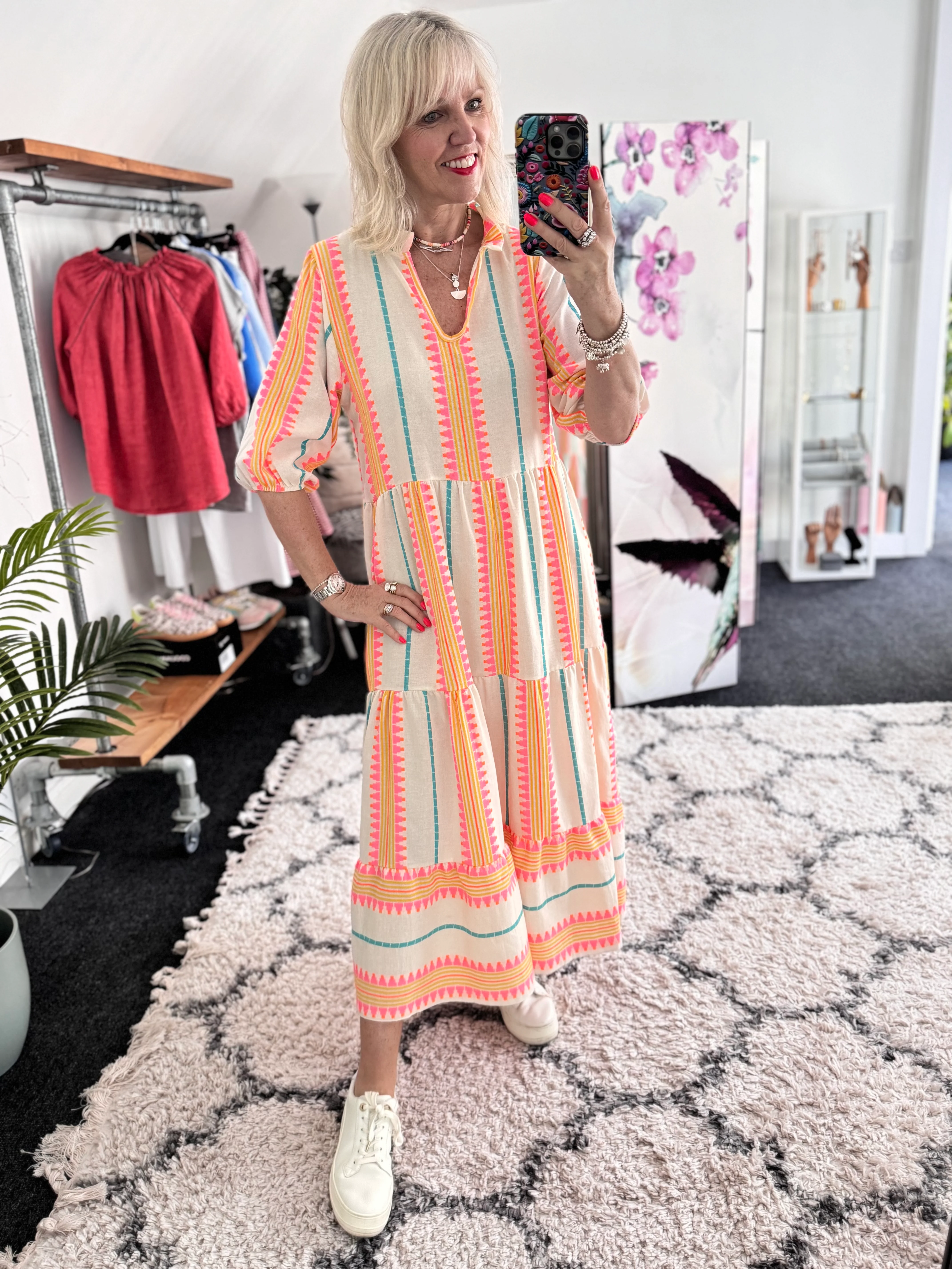 Embroidered Midi Dress in Pink & Neon - Image 3