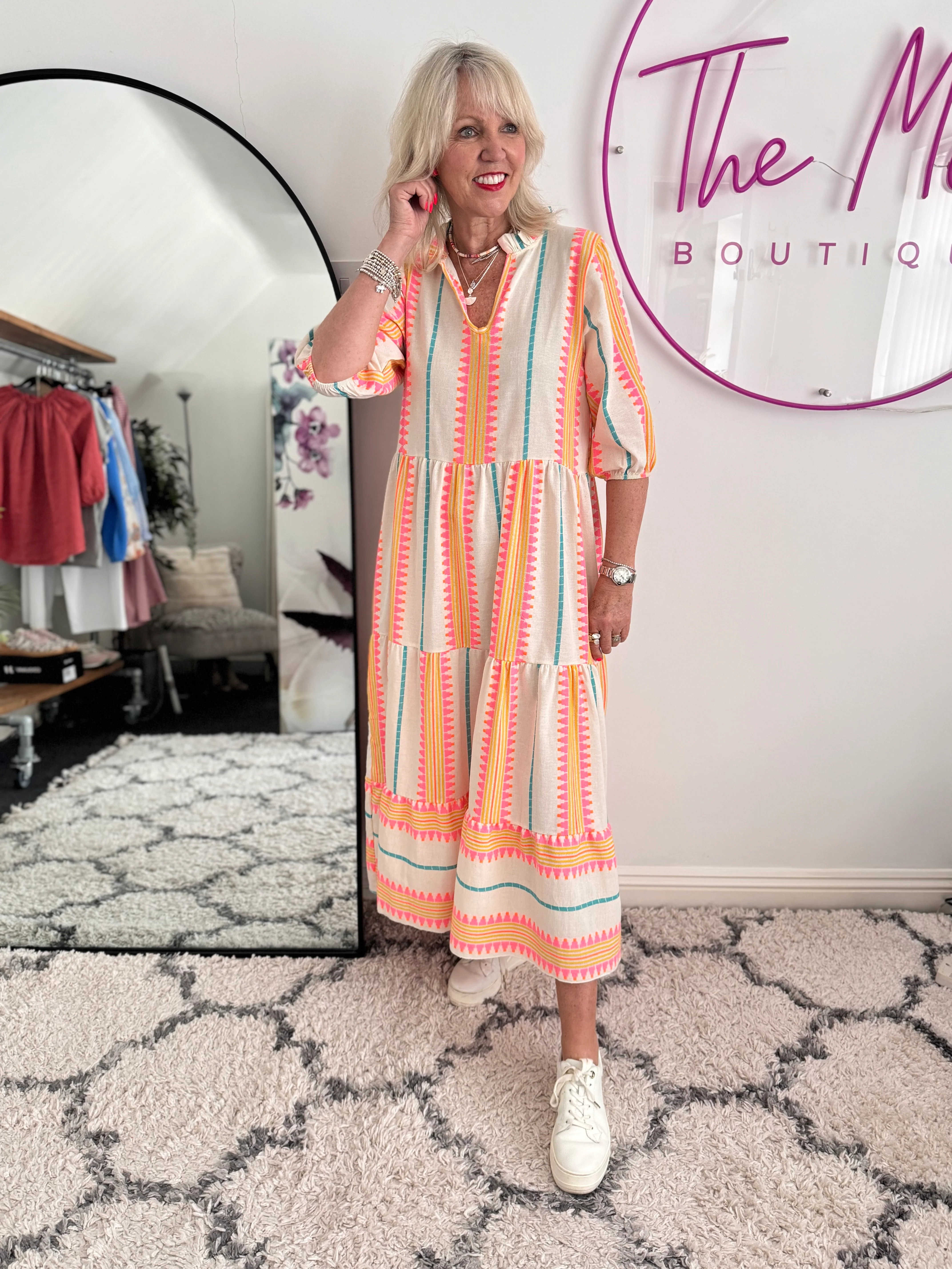 Embroidered Midi Dress in Pink & Neon - Image 4