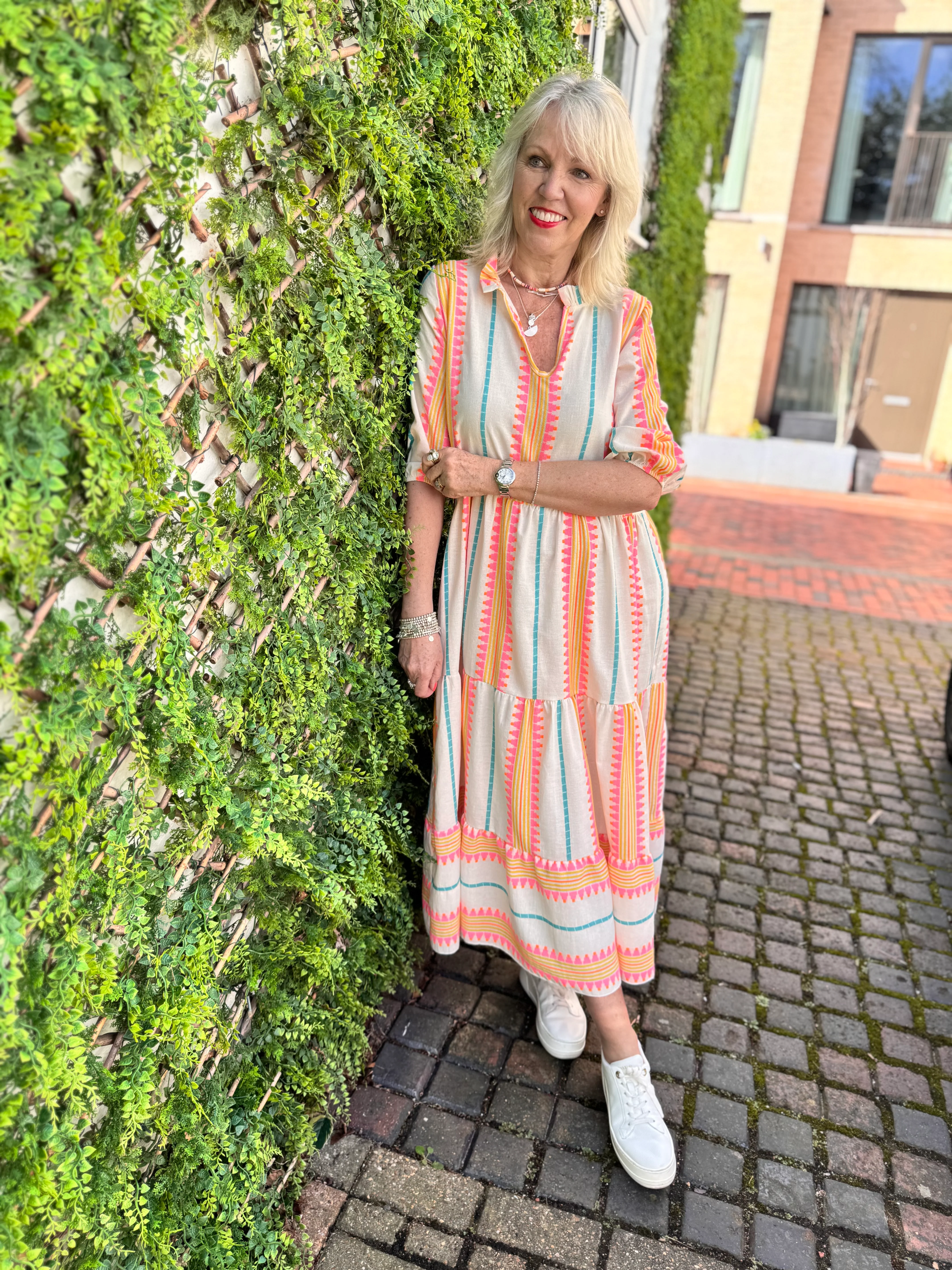 Embroidered Midi Dress in Pink & Neon - Image 5
