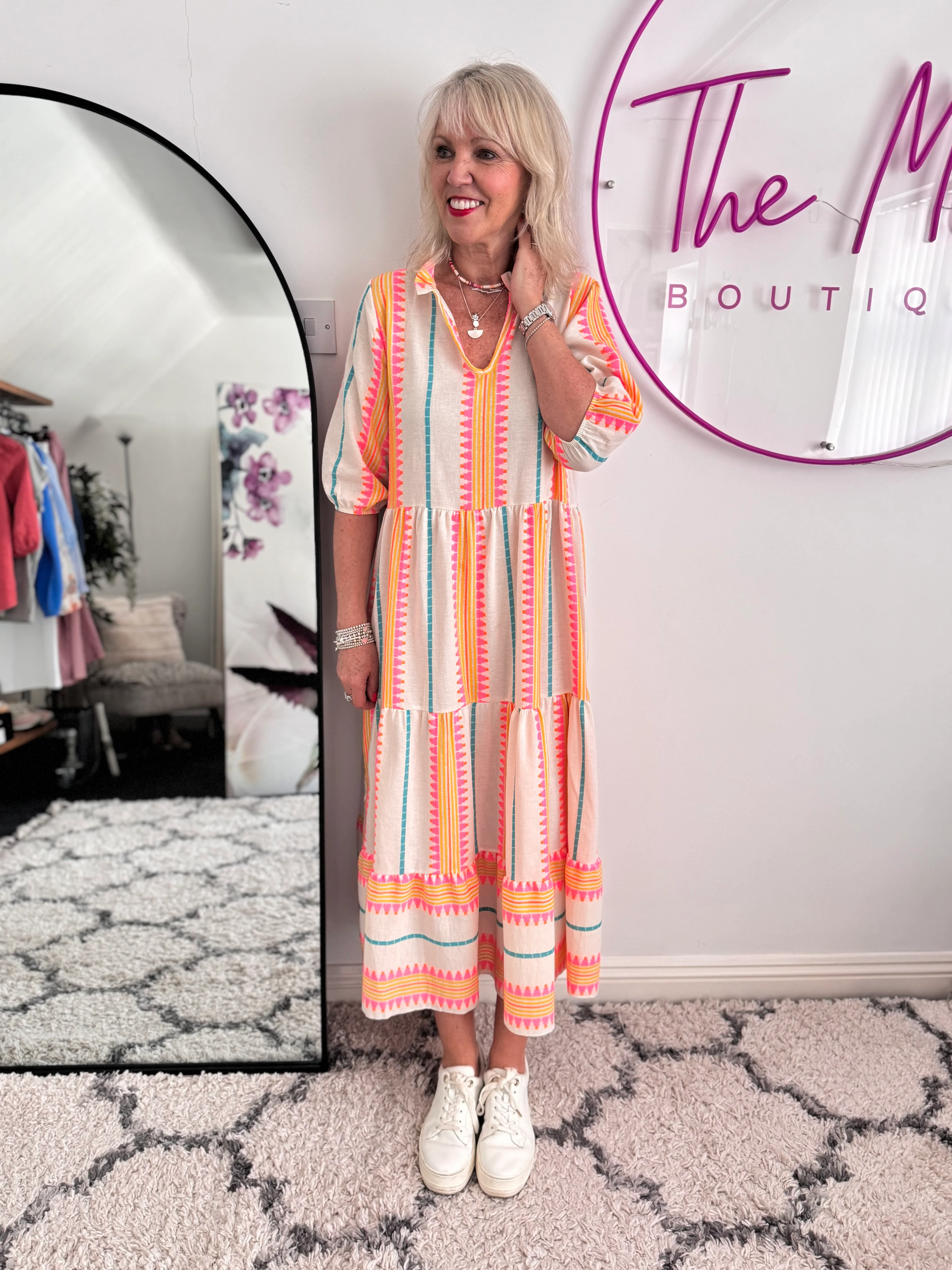 Embroidered Midi Dress in Pink & Neon - Image 6