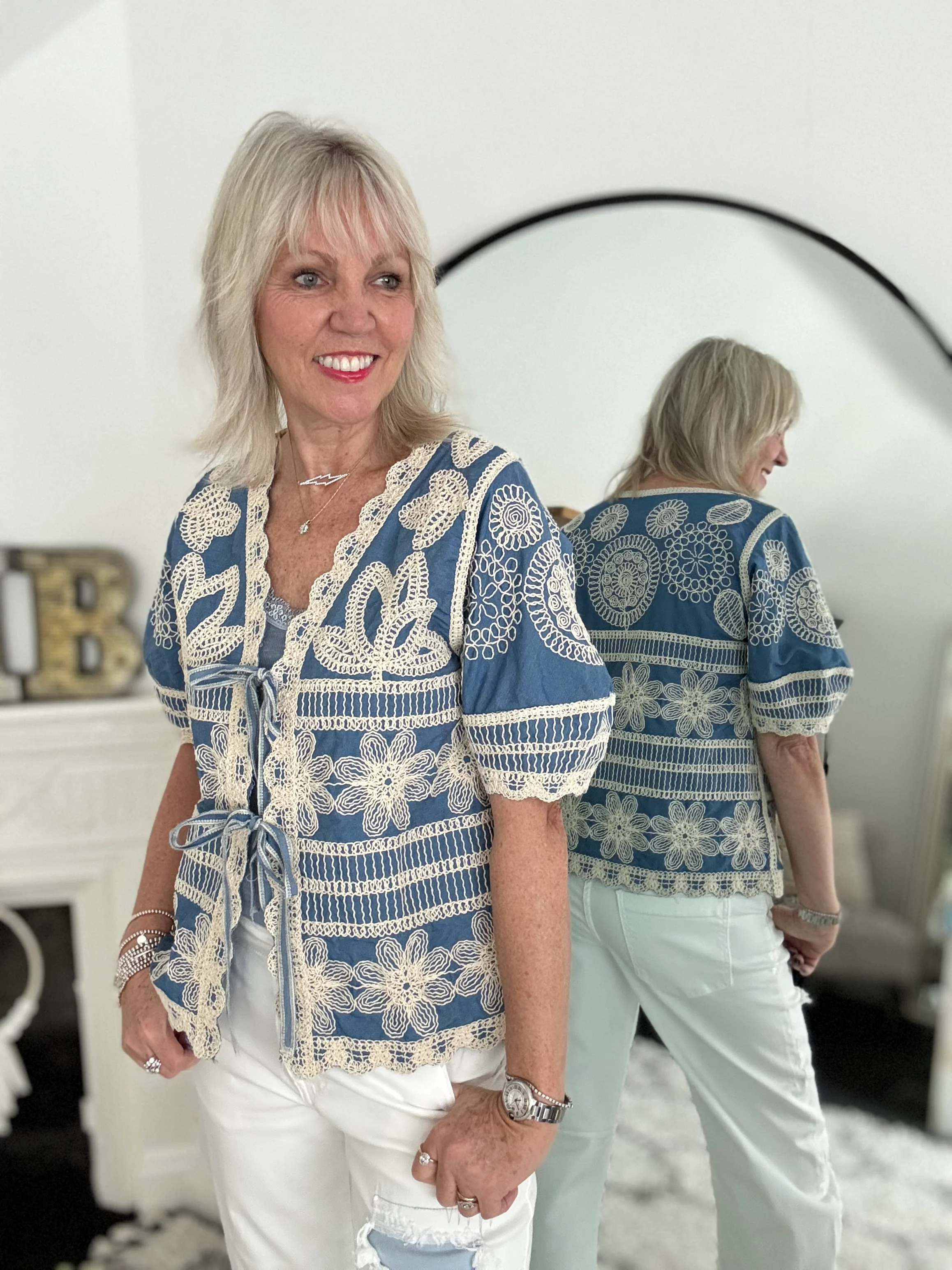 Embroidered Top with Tie Front