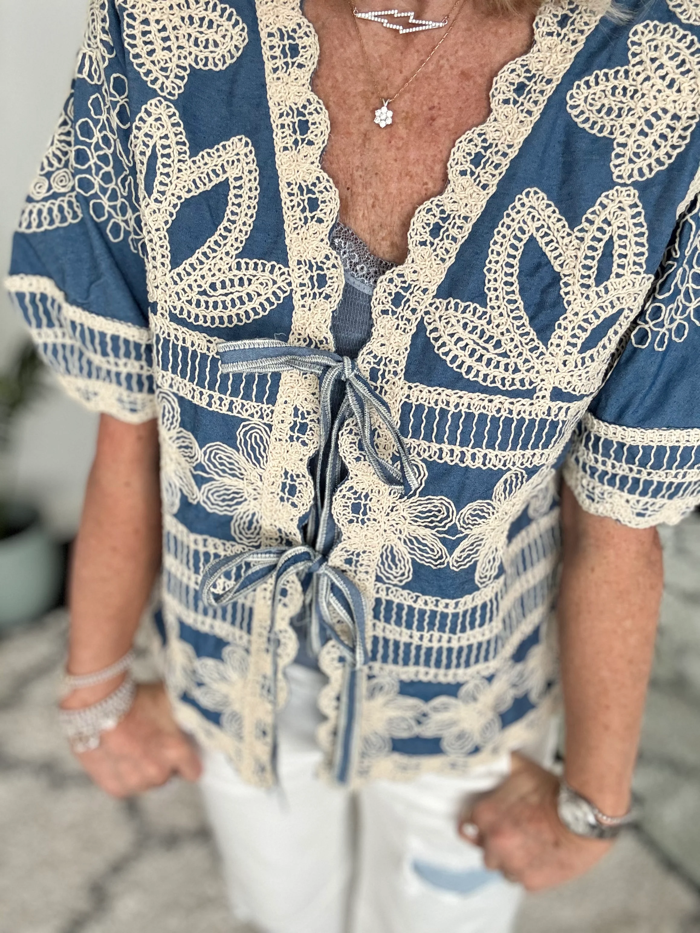 Embroidered Top with Tie Front - Image 2