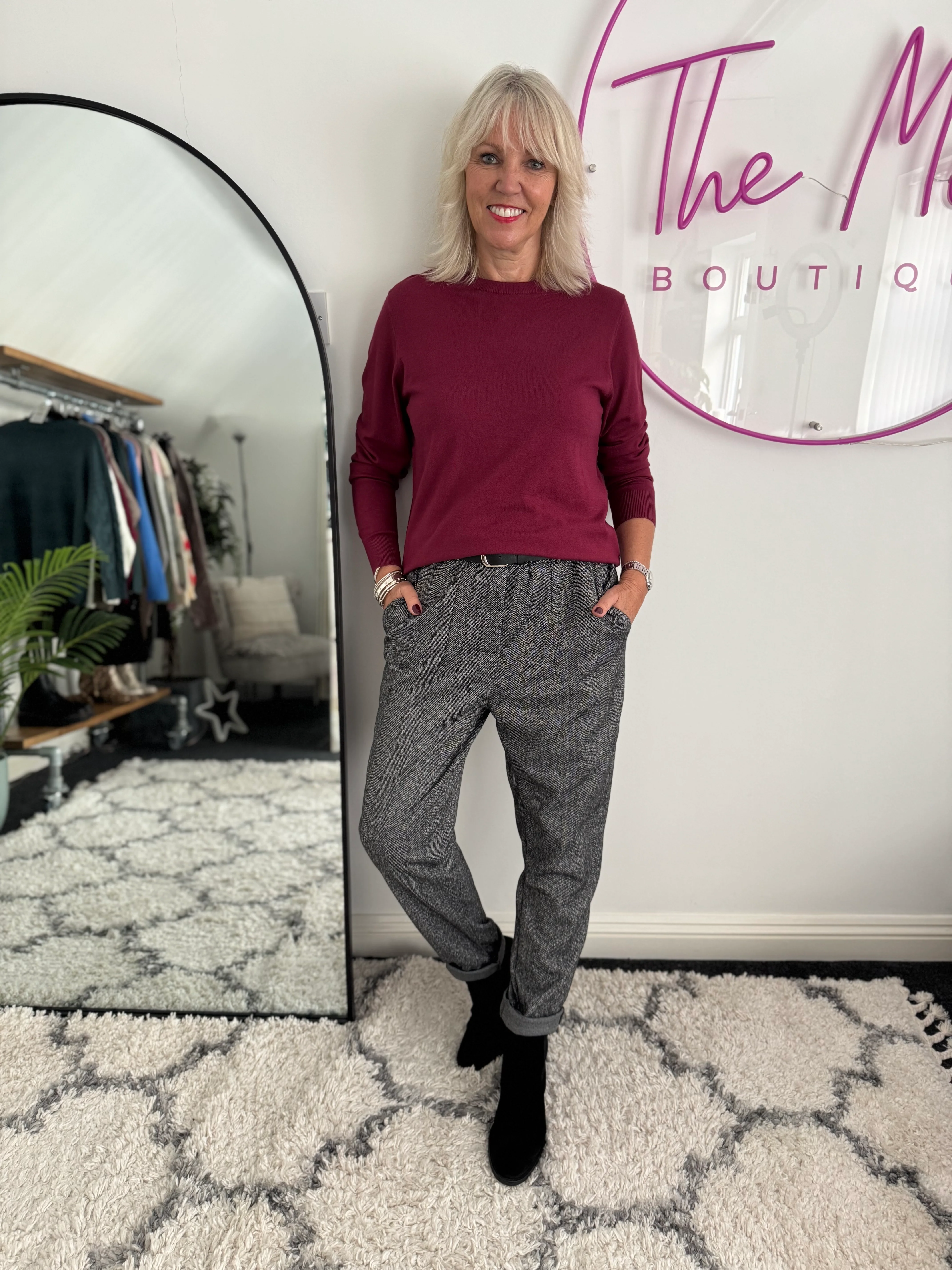 Fine Knit Round Neck Jumper in Berry - Image 3