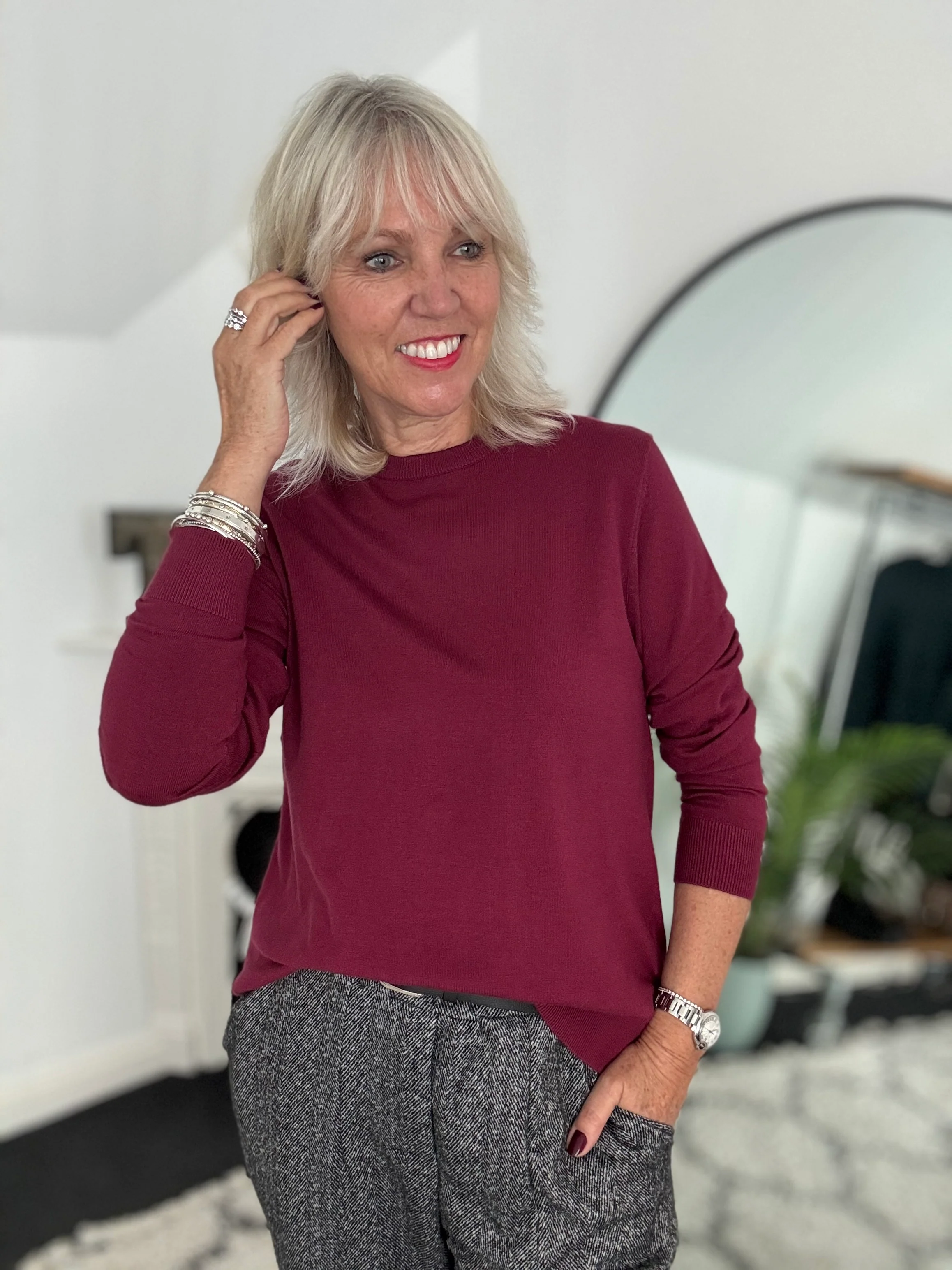 Fine Knit Round Neck Jumper in Berry - Image 4