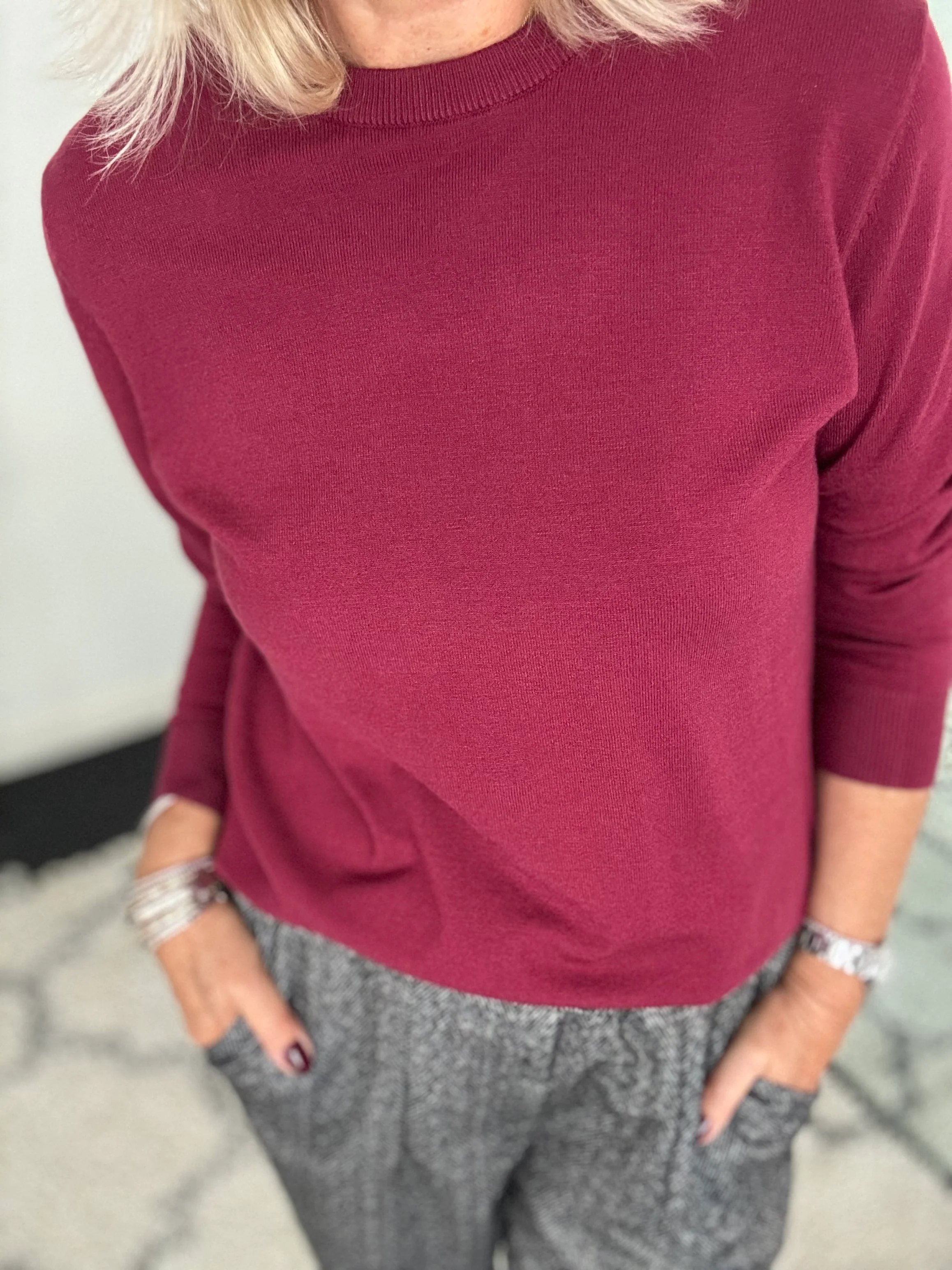 Fine Knit Round Neck Jumper in Berry - Image 5