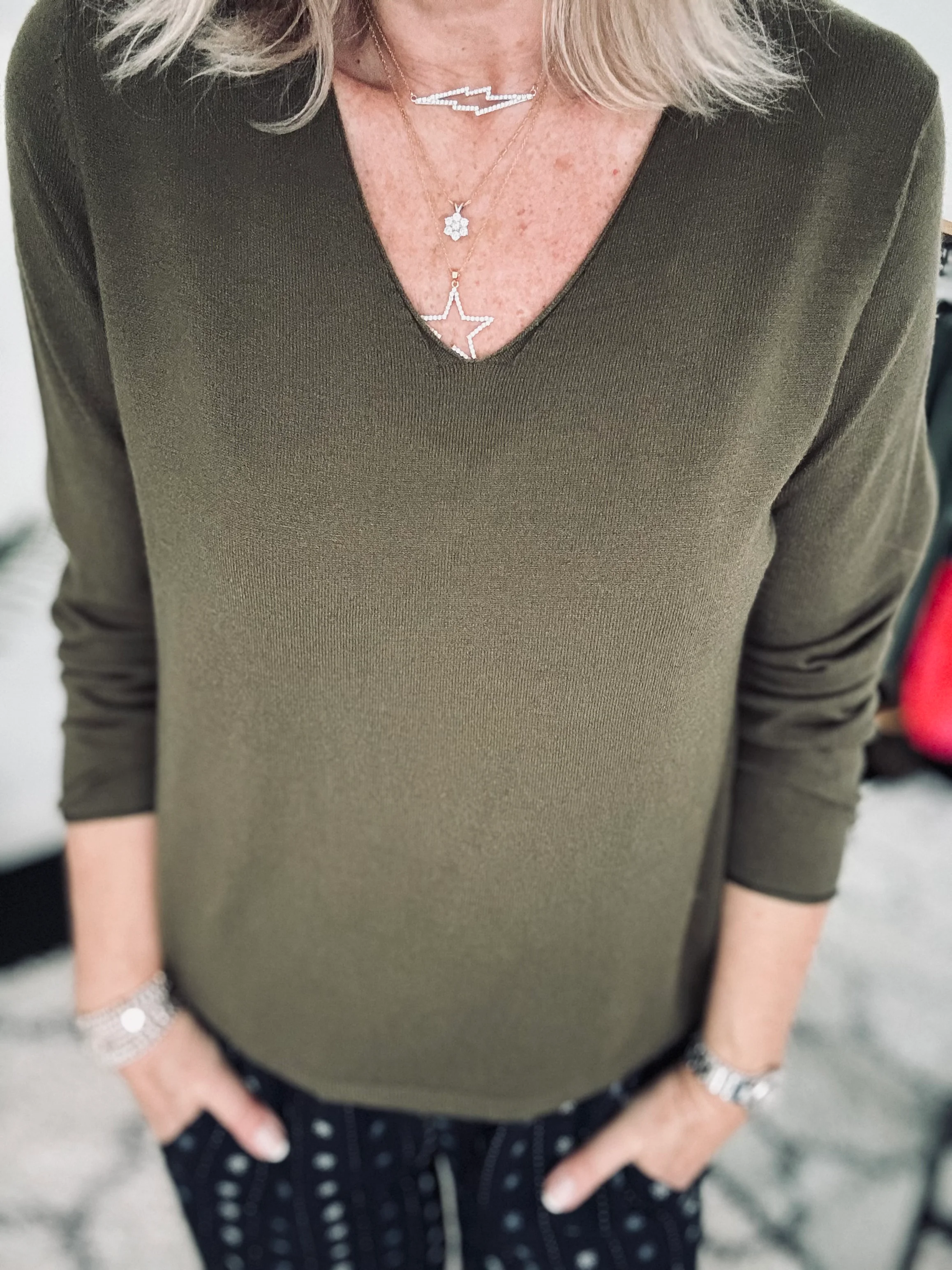 Fine Knit V Neck Jumper in Khaki - Image 4