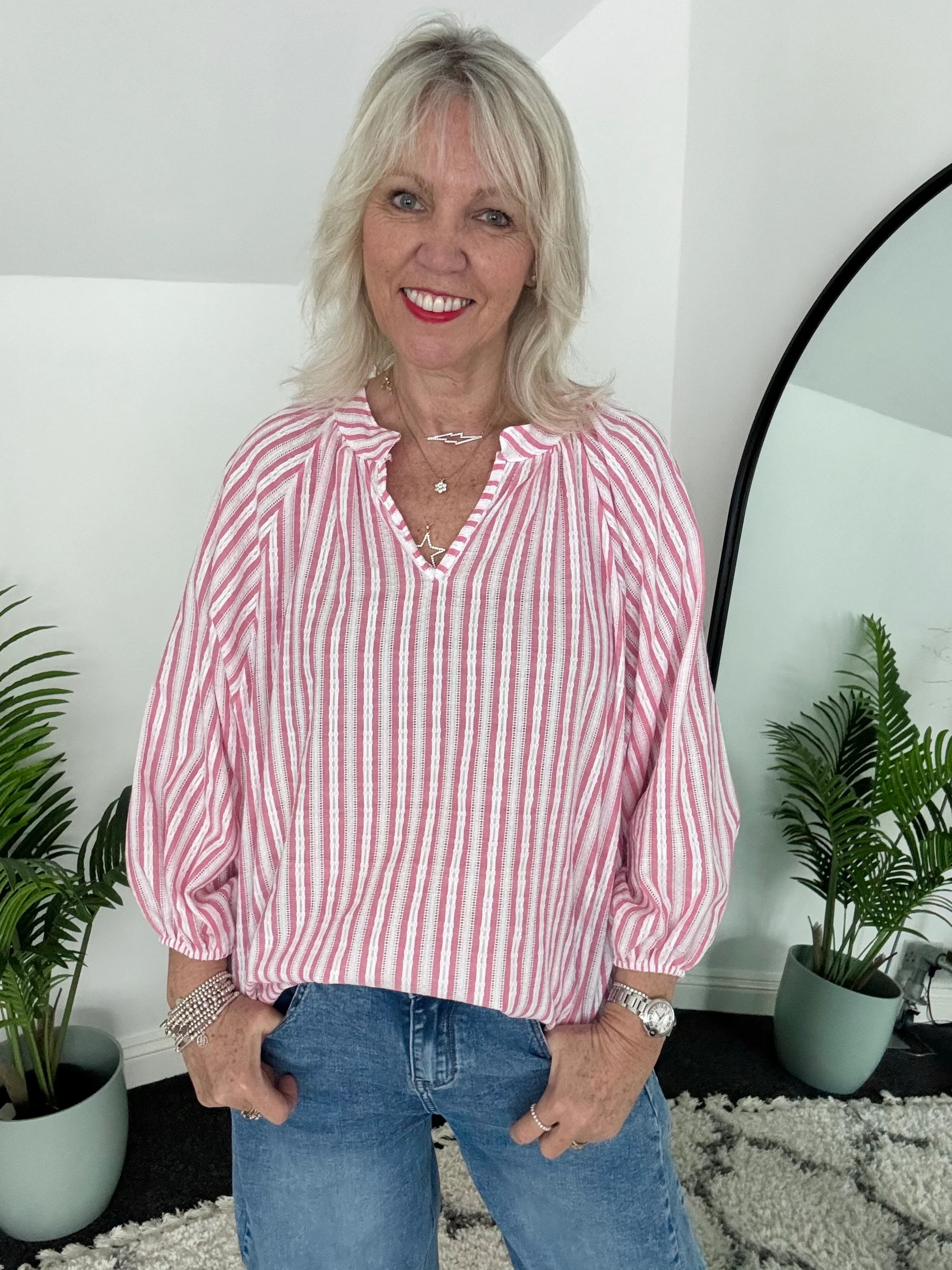 Fresh Cotton Blouse in Pink & White Stripes - Image 5