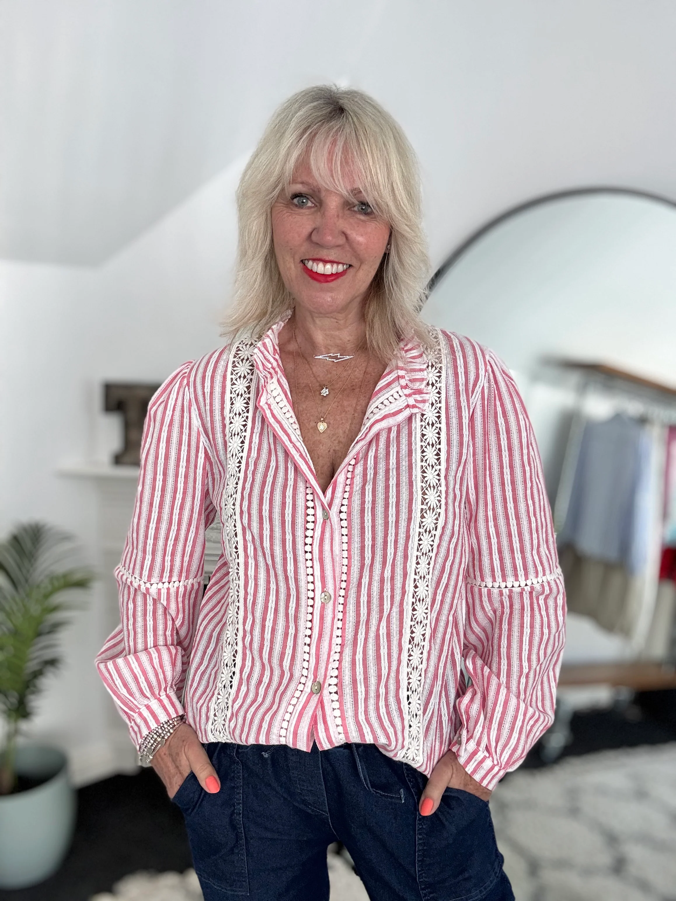 Cotton & Lace Shirt in Coral Pink & White