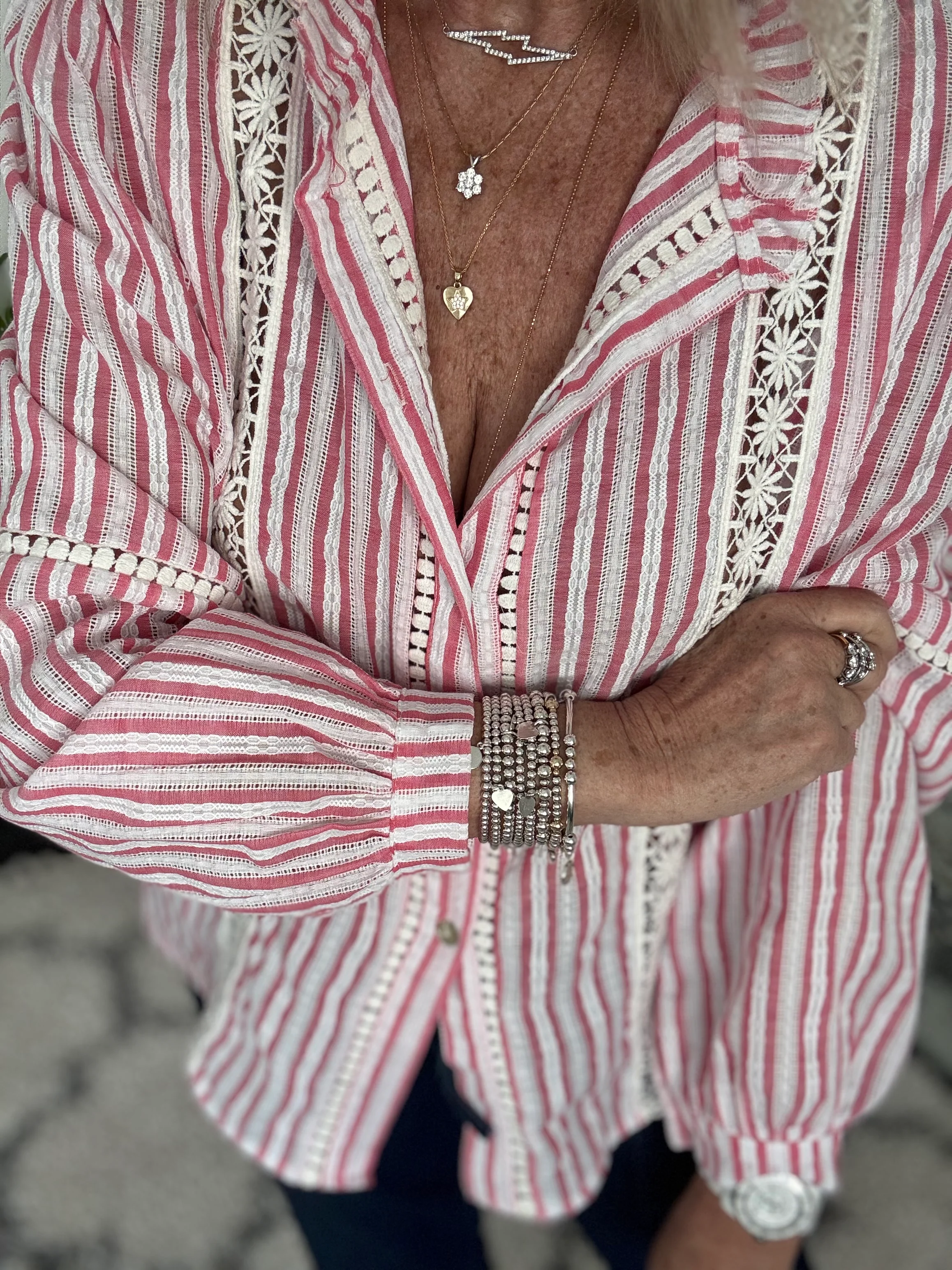 Cotton & Lace Shirt in Coral Pink & White - Image 2