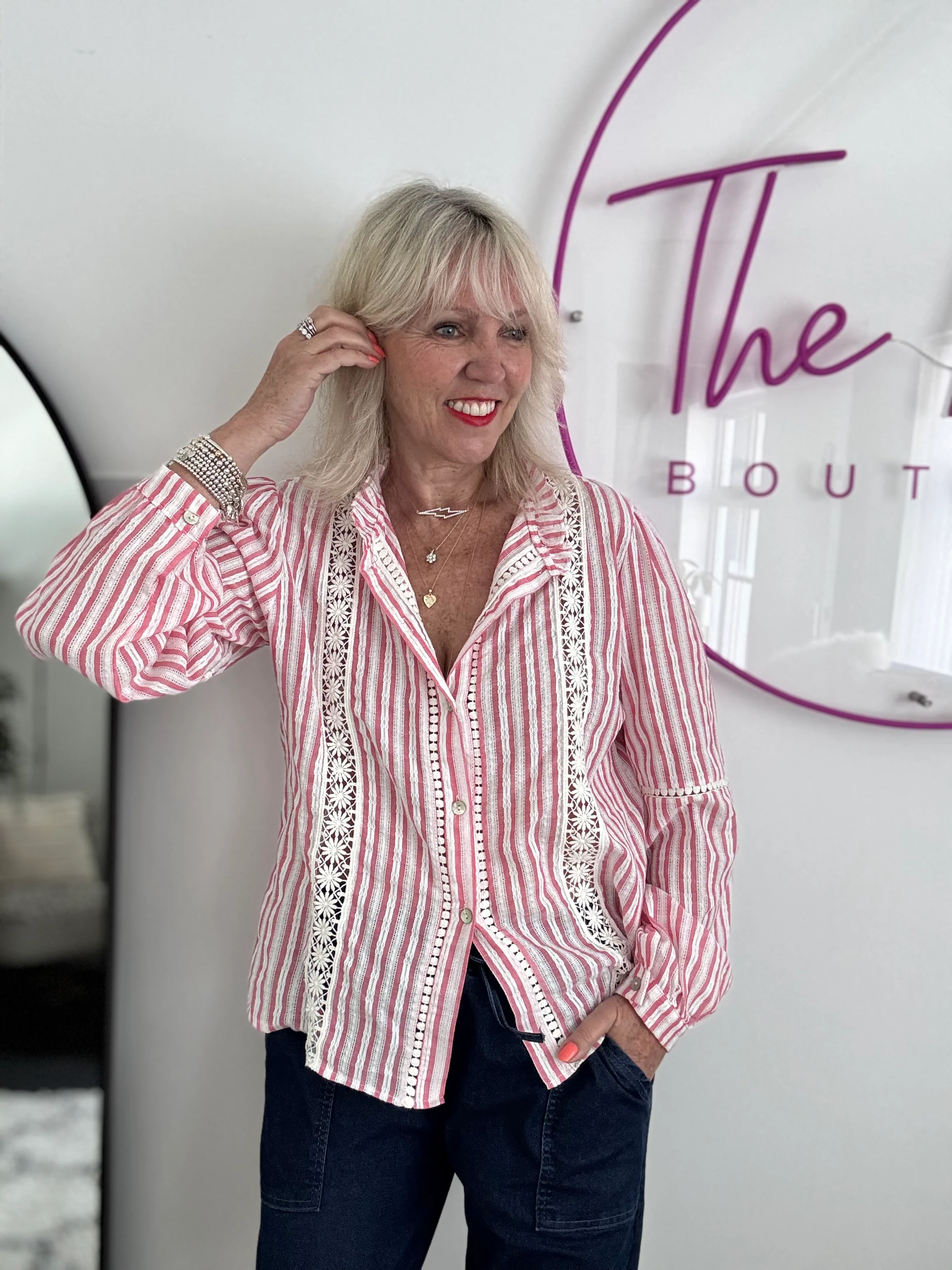 Cotton & Lace Shirt in Coral Pink & White - Image 3