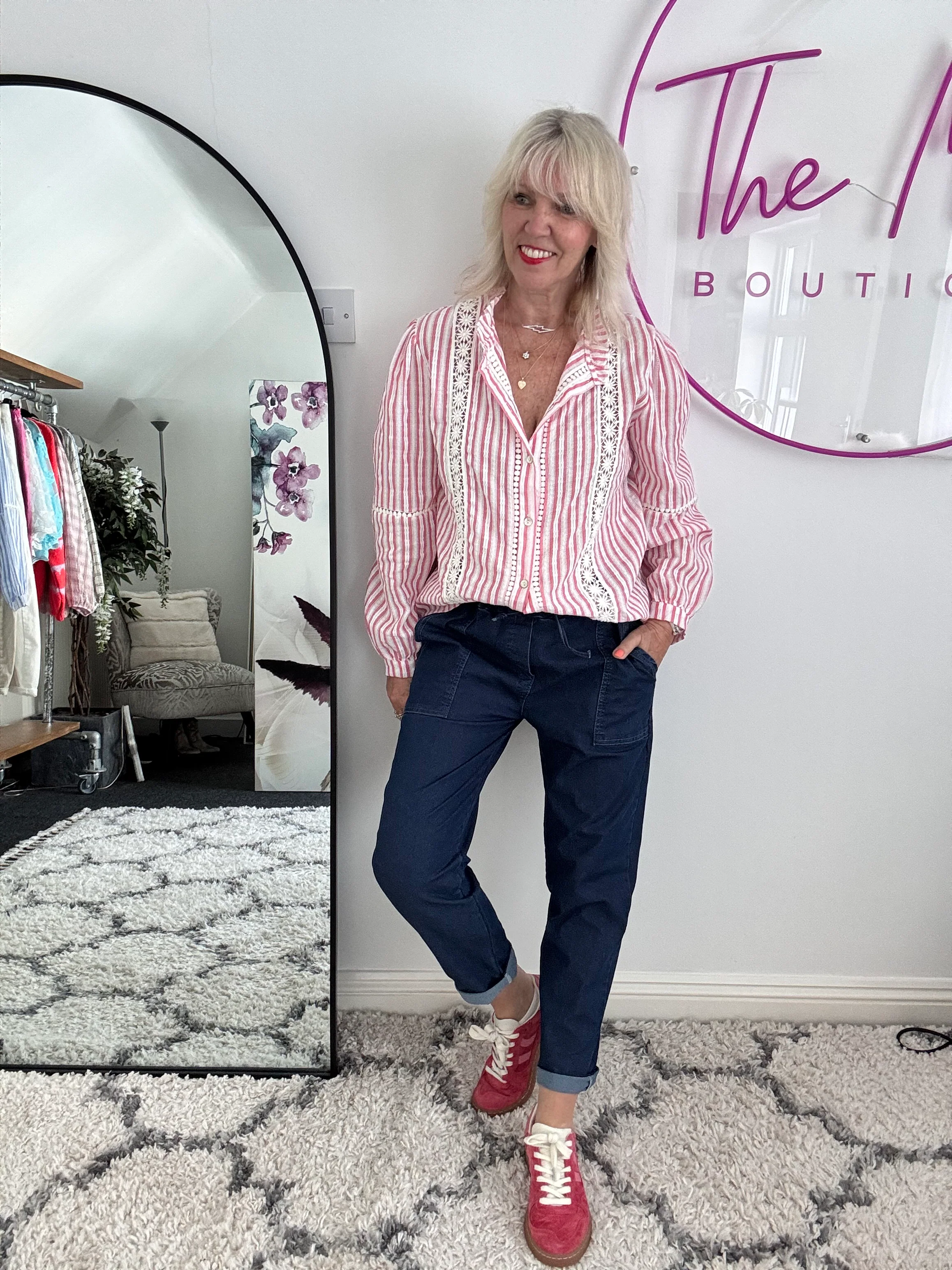 Cotton & Lace Shirt in Coral Pink & White - Image 4