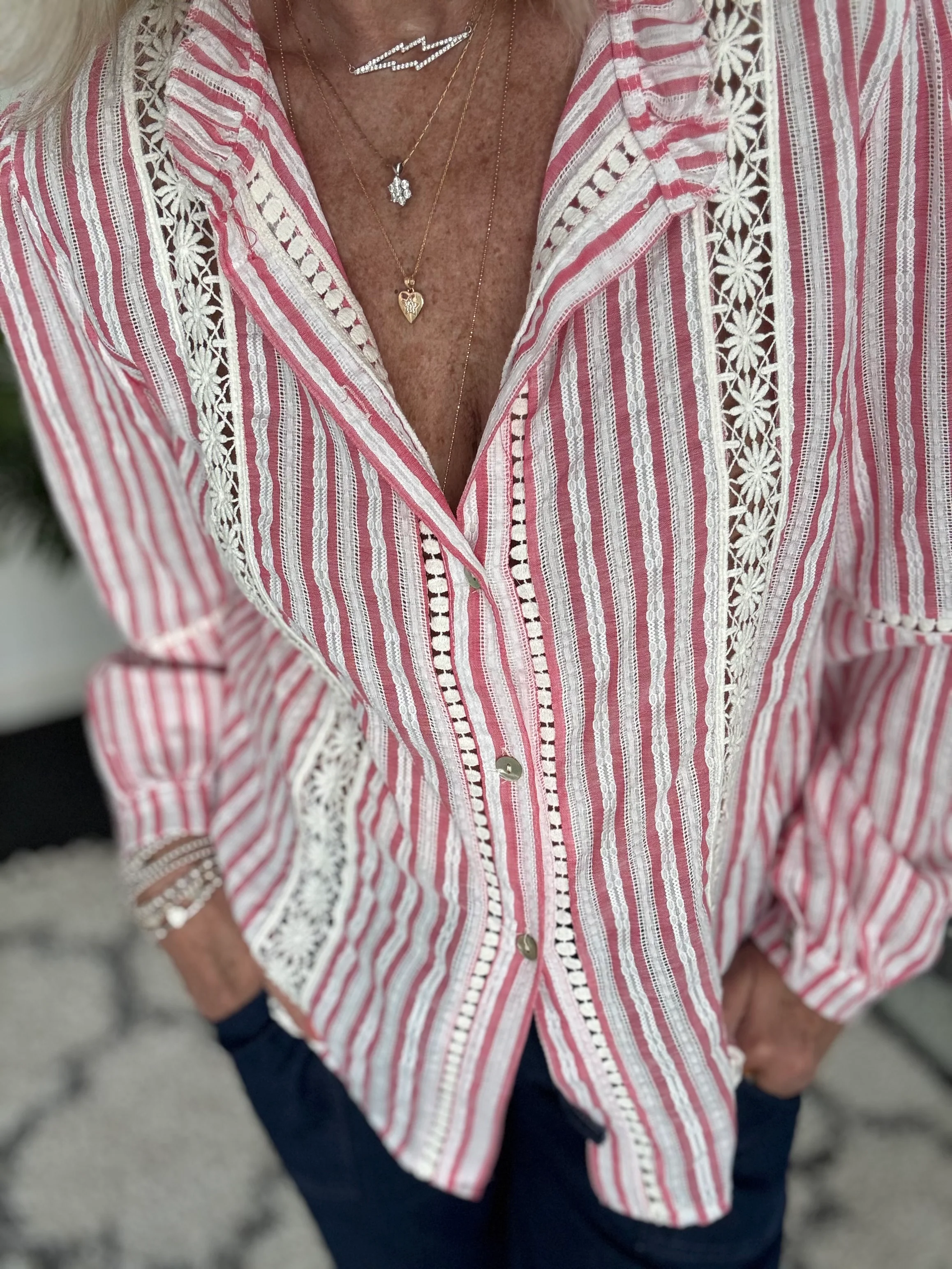 Cotton & Lace Shirt in Coral Pink & White - Image 5