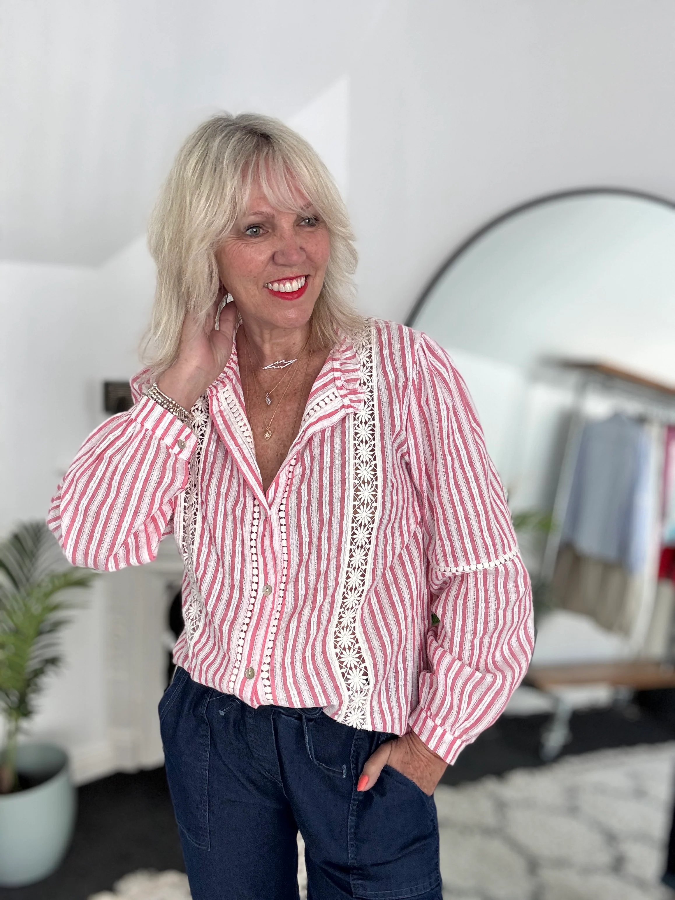 Cotton & Lace Shirt in Coral Pink & White - Image 6