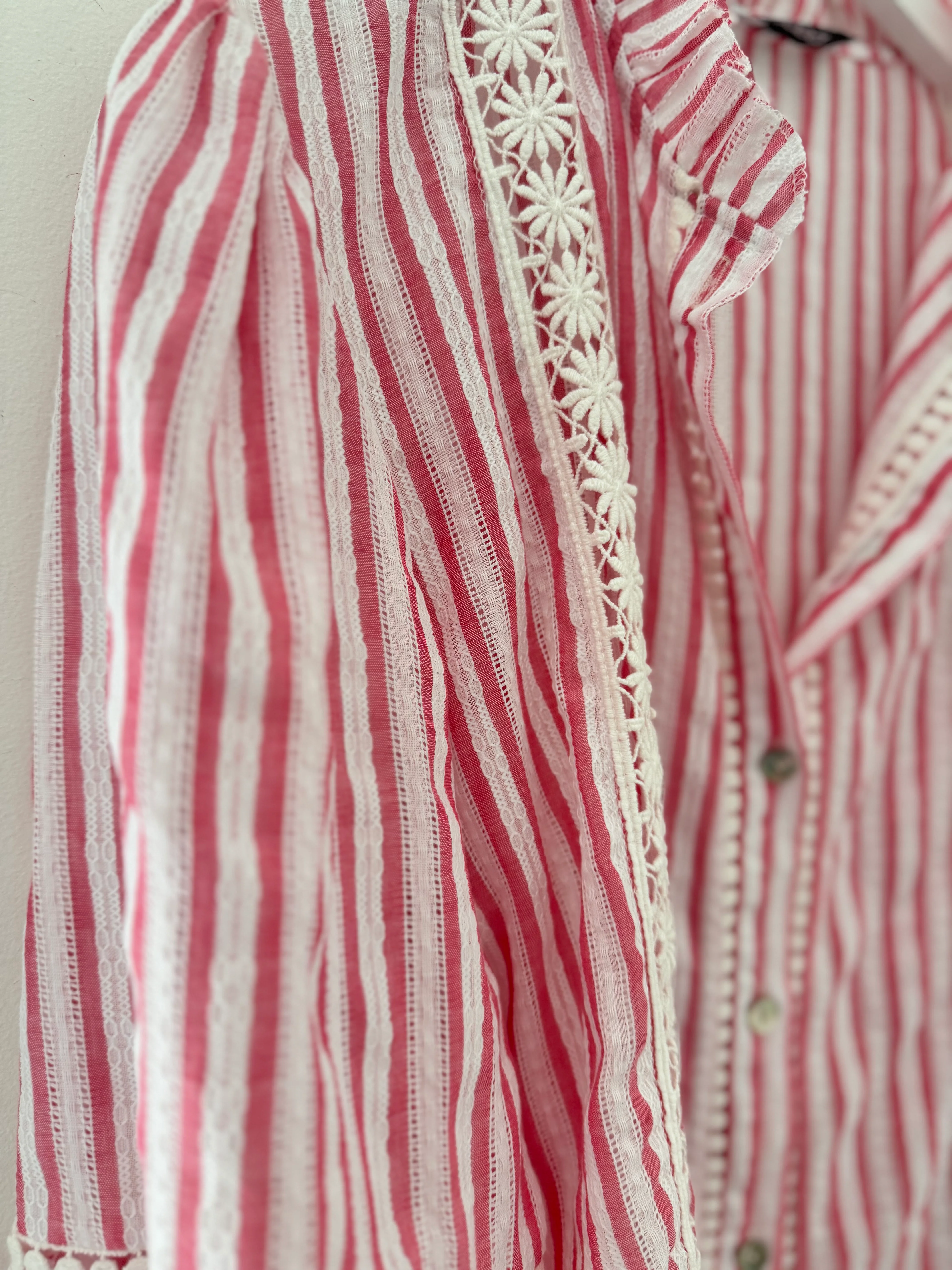 Cotton & Lace Shirt in Coral Pink & White - Image 8