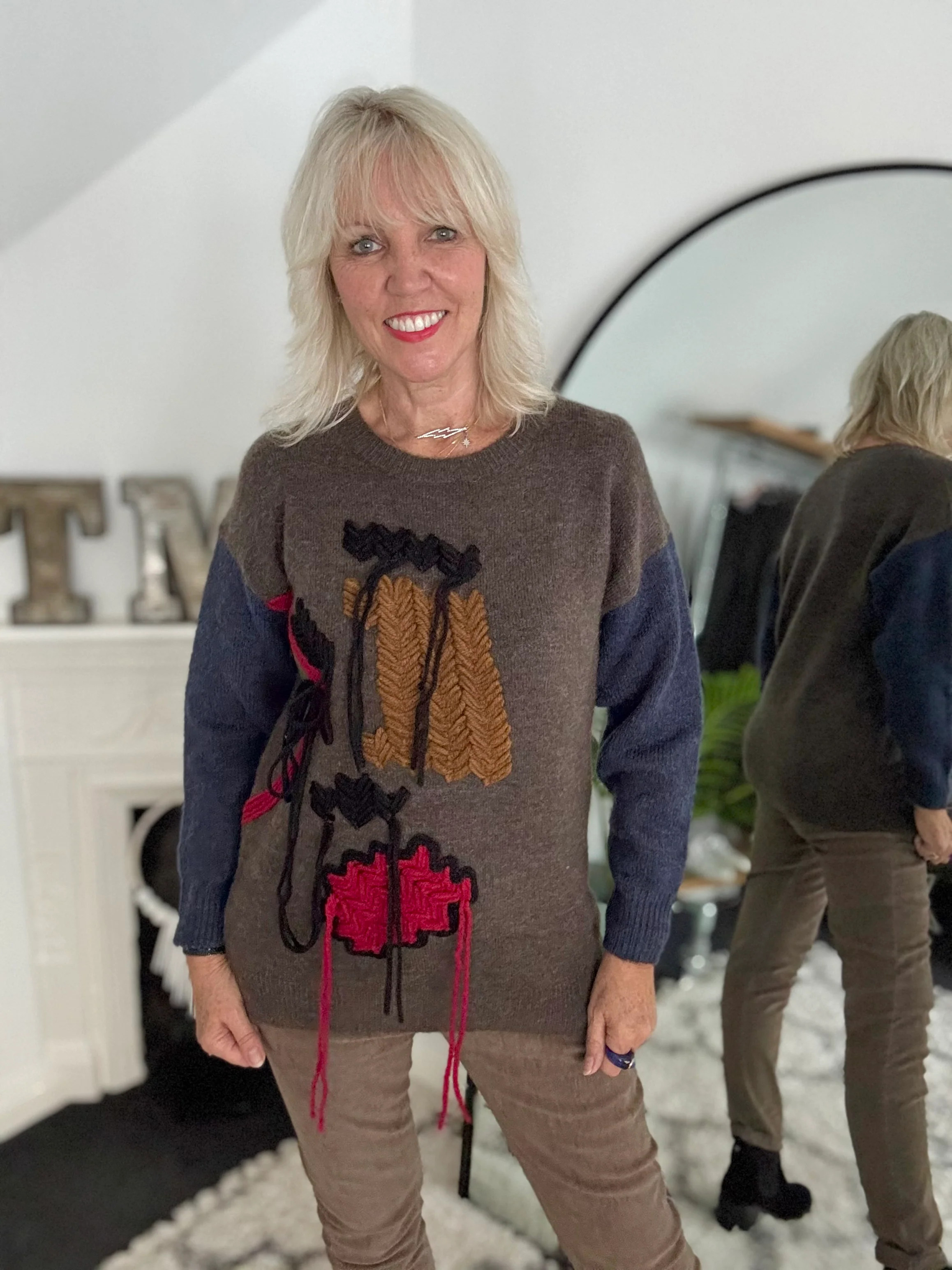 Fringe Cable Knit Jumper in Cocoa & Blue - Image 3