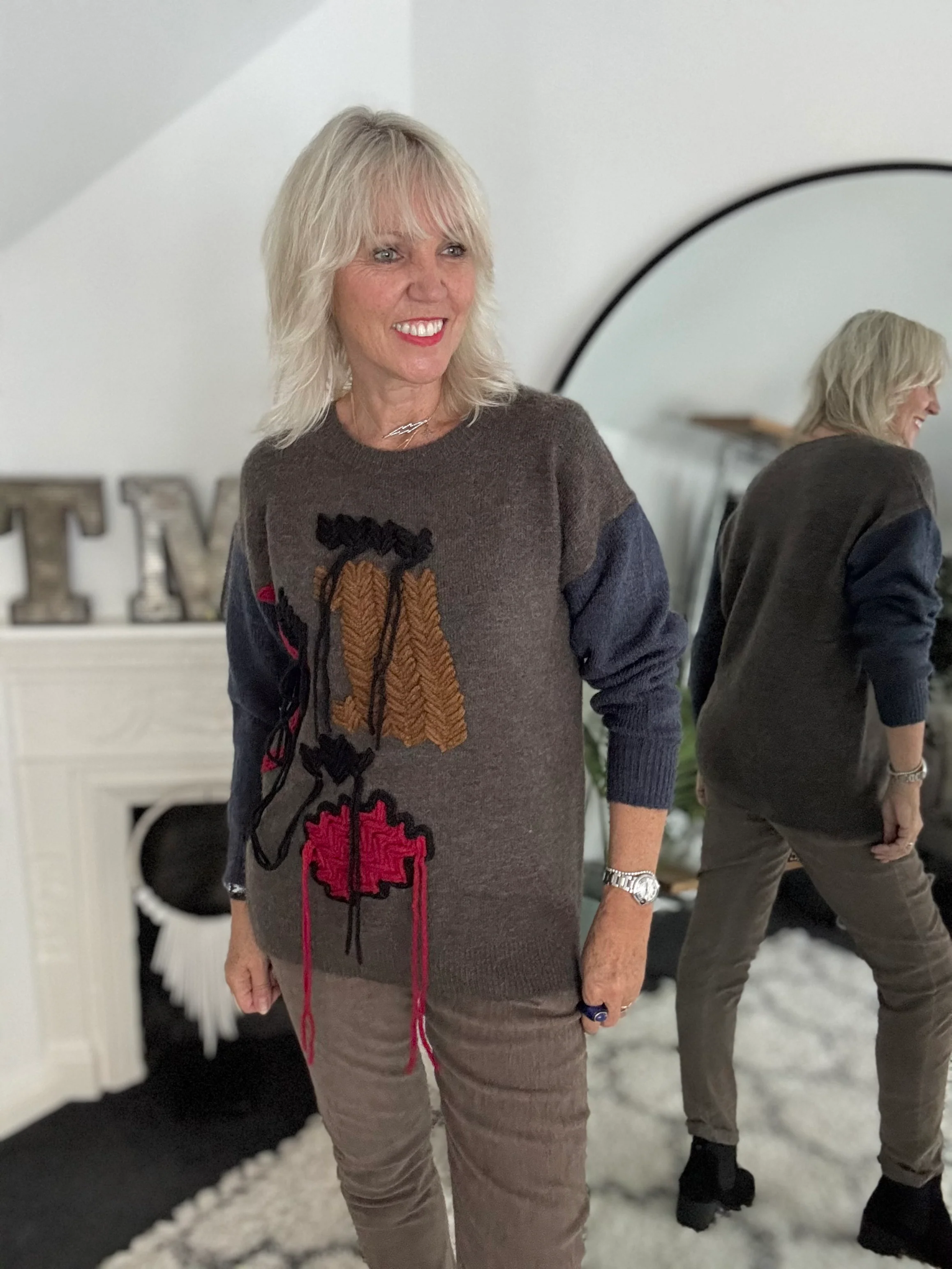Fringe Cable Knit Jumper in Cocoa & Blue - Image 5