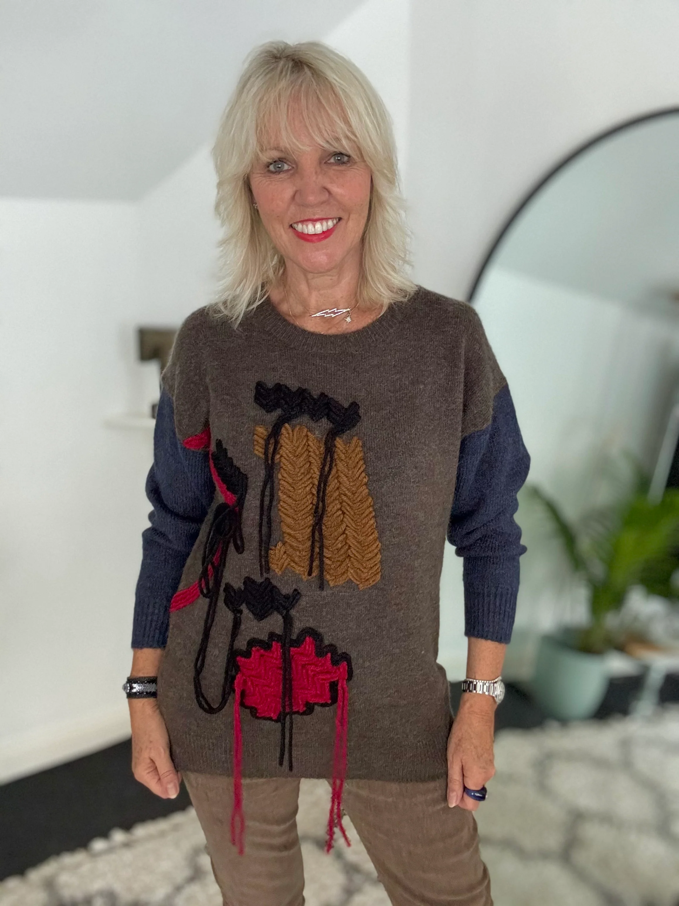 Fringe Cable Knit Jumper in Cocoa & Blue - Image 6