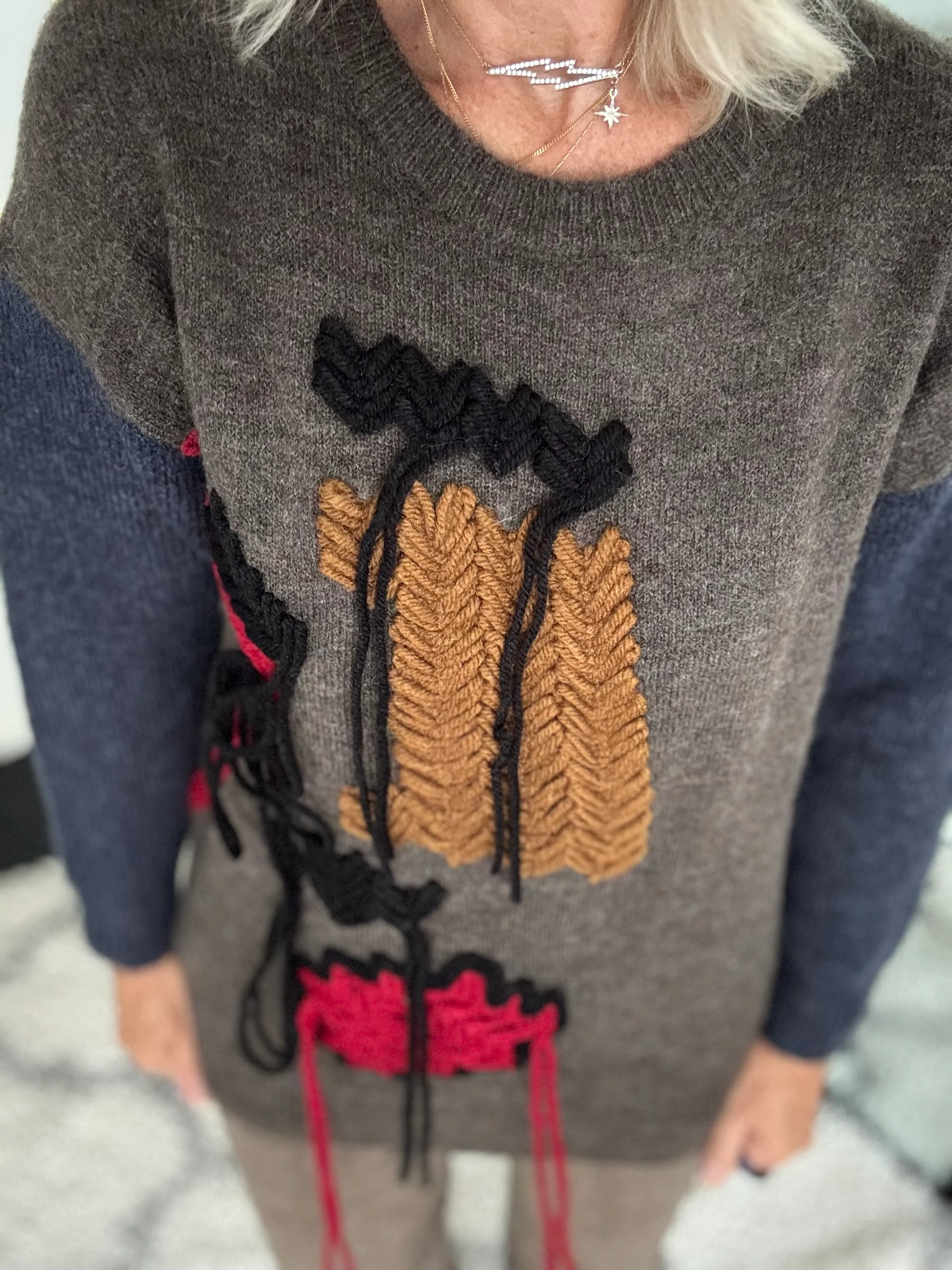 Fringe Cable Knit Jumper in Cocoa & Blue - Image 7