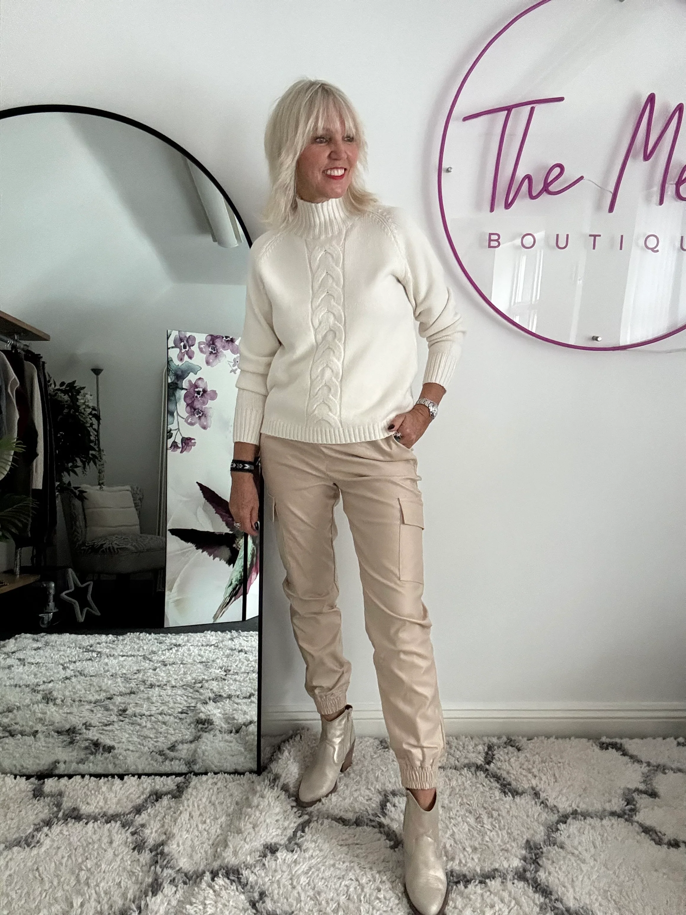Funnel Neck Cable Jumper in Ivory - Image 3