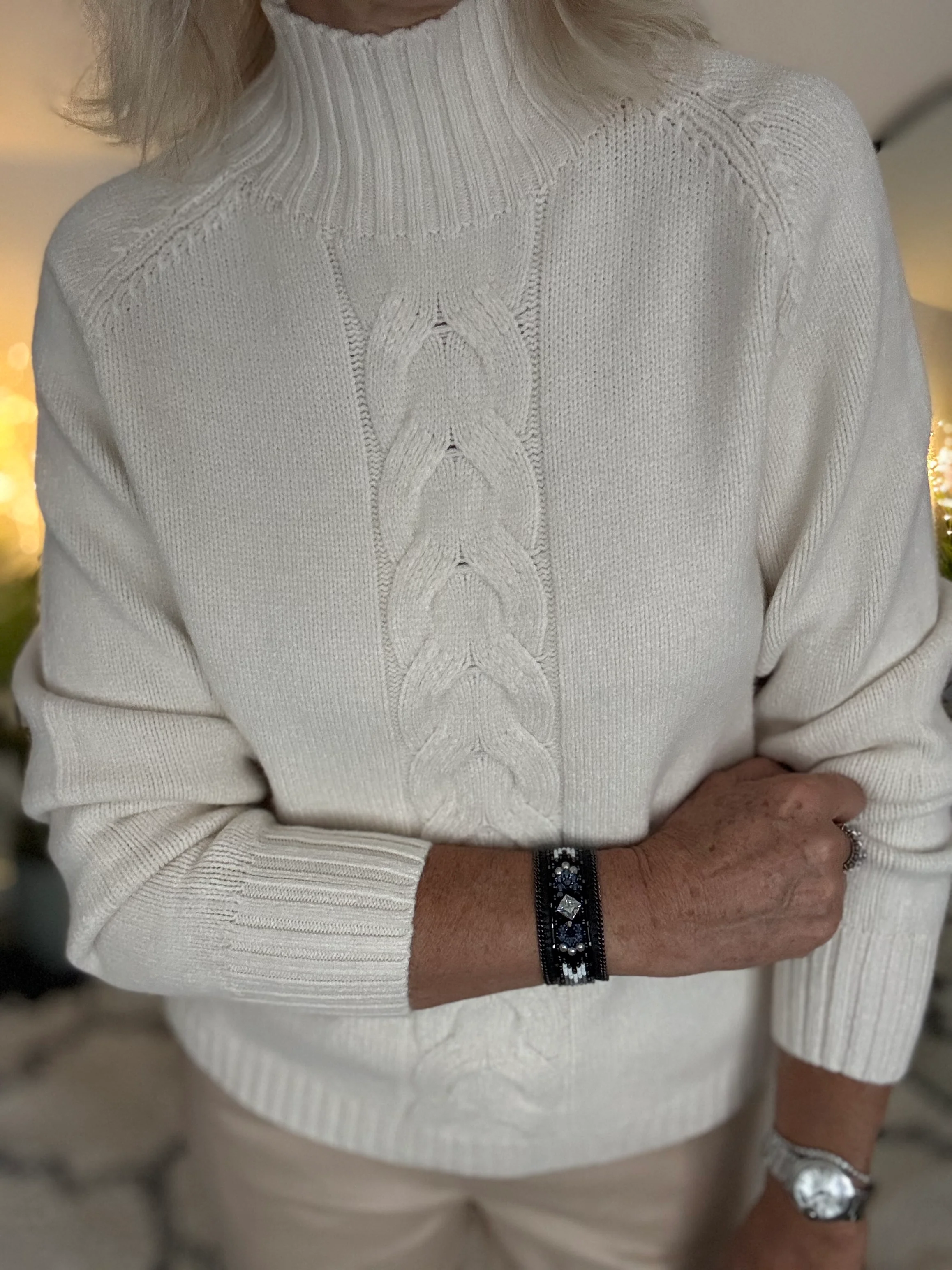 Funnel Neck Cable Jumper in Ivory - Image 5