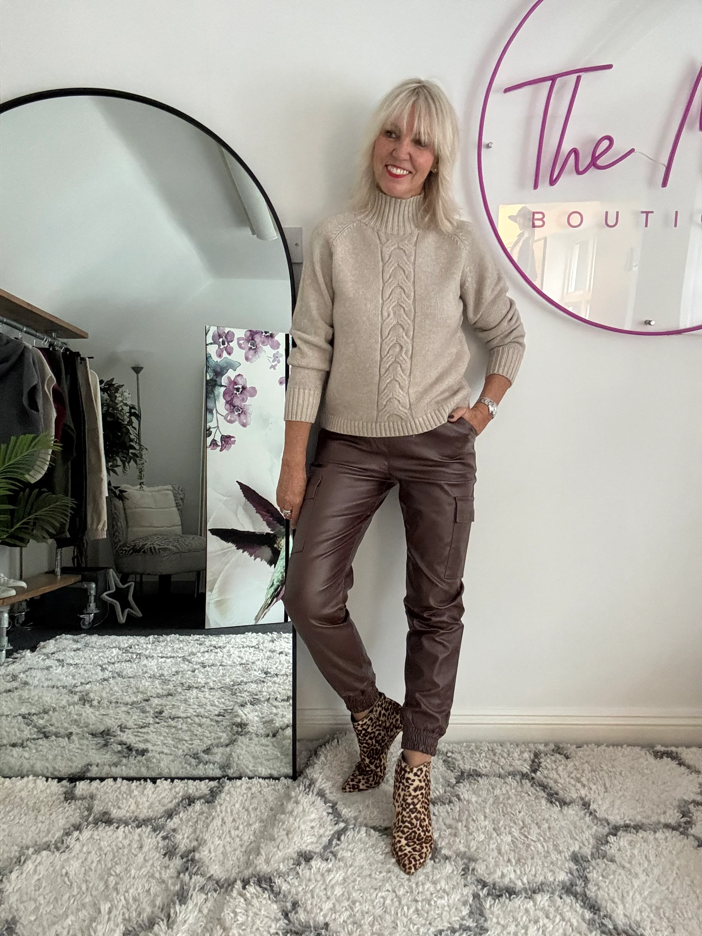 Funnel Neck Cable Jumper in Latte - Image 3