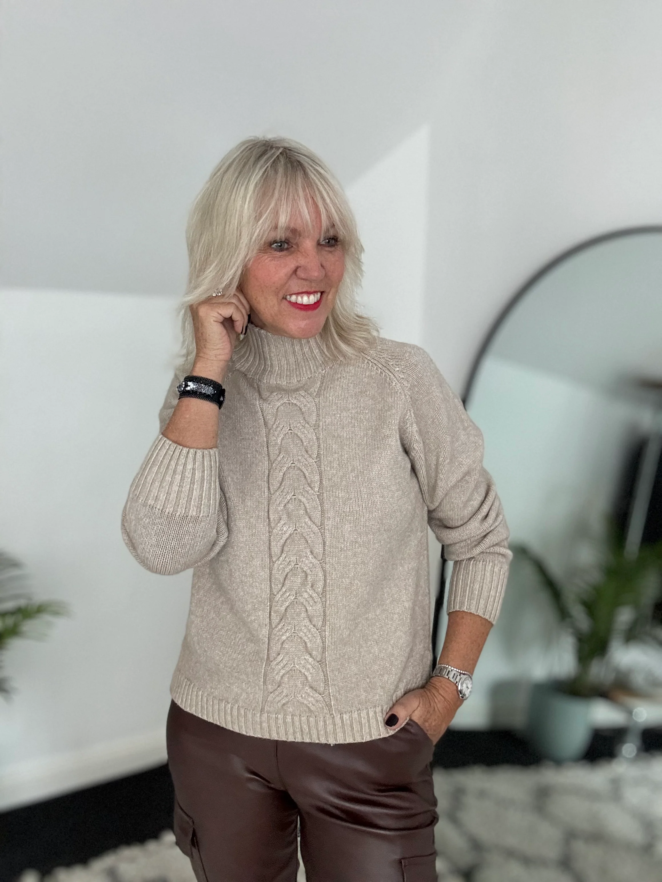 Funnel Neck Cable Jumper in Latte - Image 4