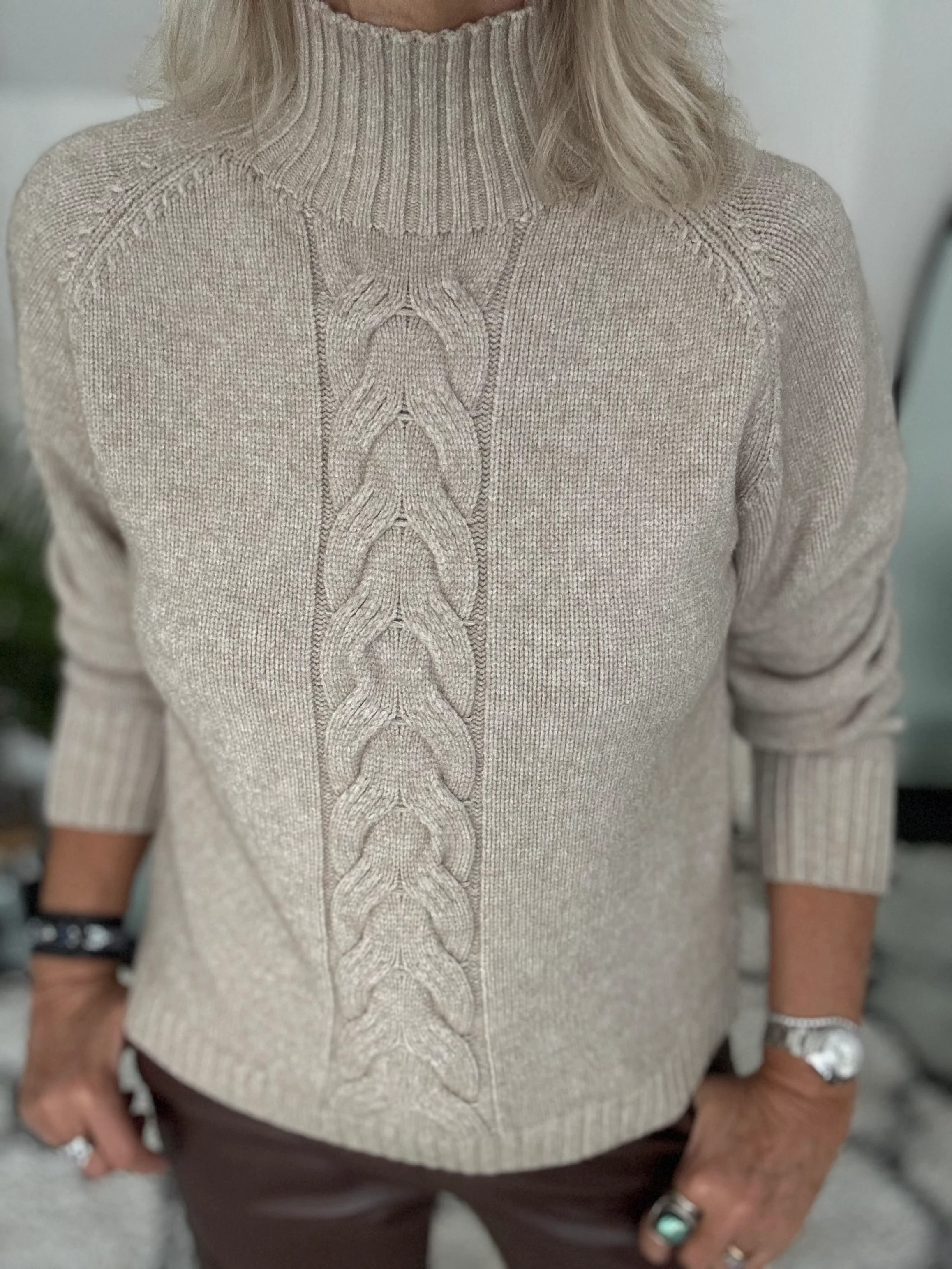 Funnel Neck Cable Jumper in Latte - Image 5