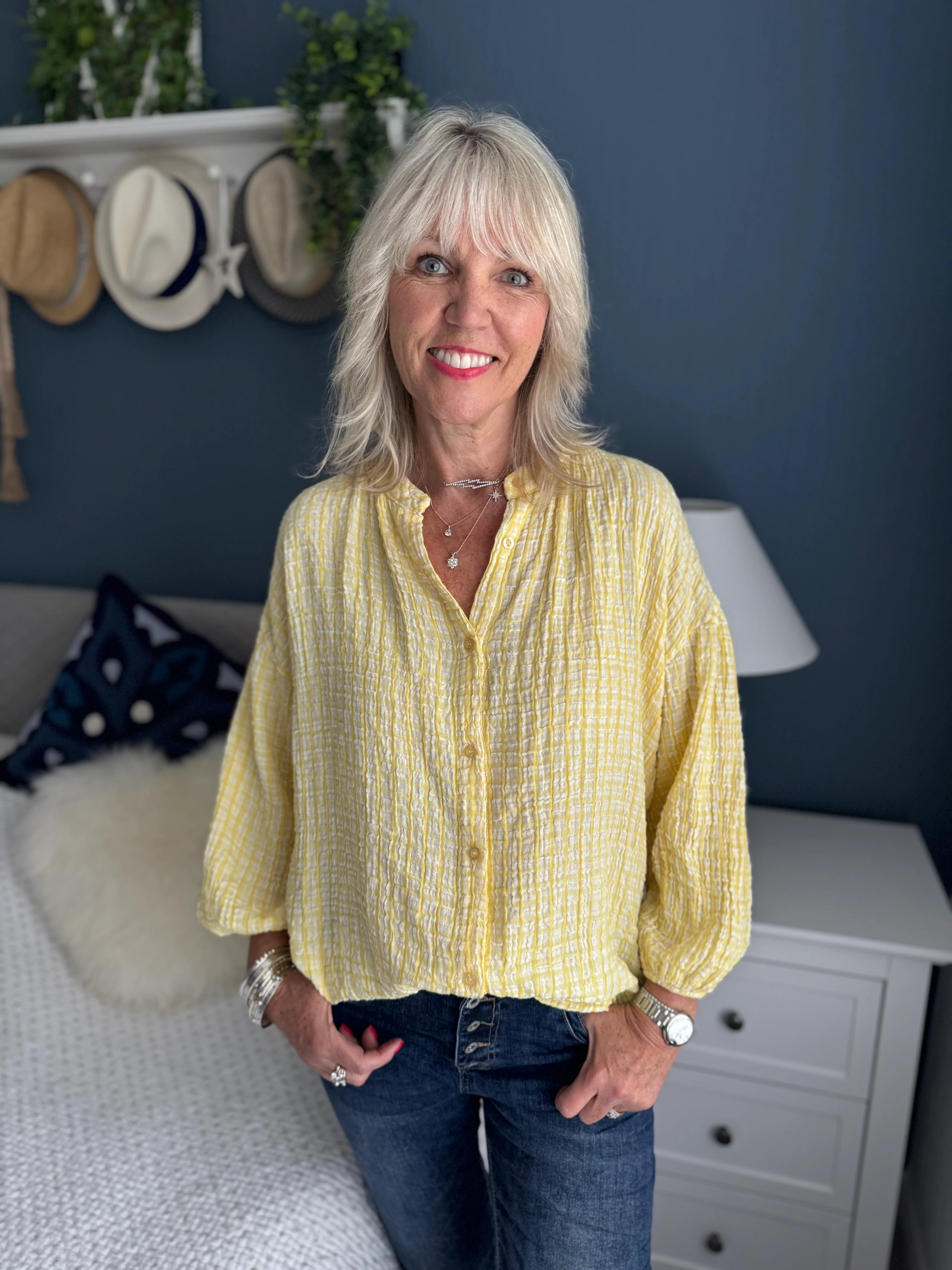 Gingham Seersucker Blouse in Lemon - Image 3
